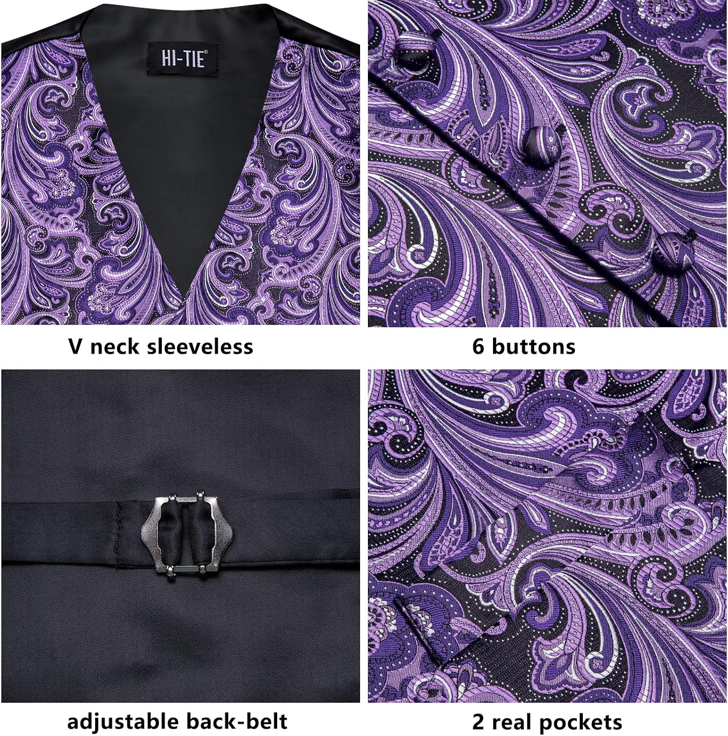 Hi-Tie 5PCS Mens Silk Suit Vests and Tie Lapel Pin Set Paisley Floral Waistcoat Necktie God Tie Clip Set Wedding Party