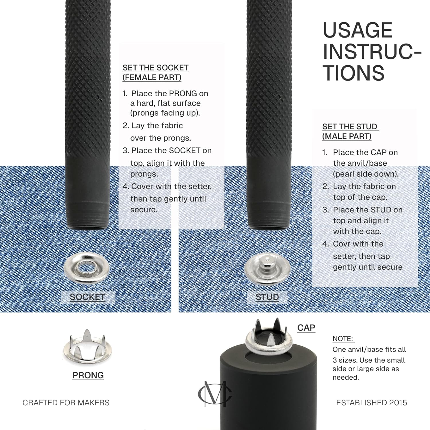 CRAFTMEMORE Snap Fastener Setting Tool for Pearl Snap Ring Fastener Buttons - Snaps NOT Included (Prong Snap Setter)