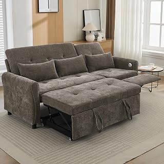 Ball & Cast 2-in-1 Sleeper Sofa Bed,3 Seater Sectional Sofa with Pull Out Bed,Reversible Recliner Sofa with Pillows and USB Port,Chenille Upholstered Pull Out Couch for Living Room,Dark Grey
