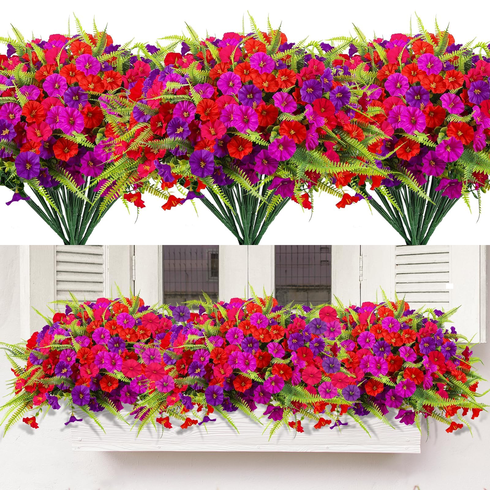 HIAGROW Artificial Flowers for Outdoors 12 Bundles Artificial Petunias Fake Flowers UV Resistant Shrubs Plants with Fern for Indoor Outside Hanging