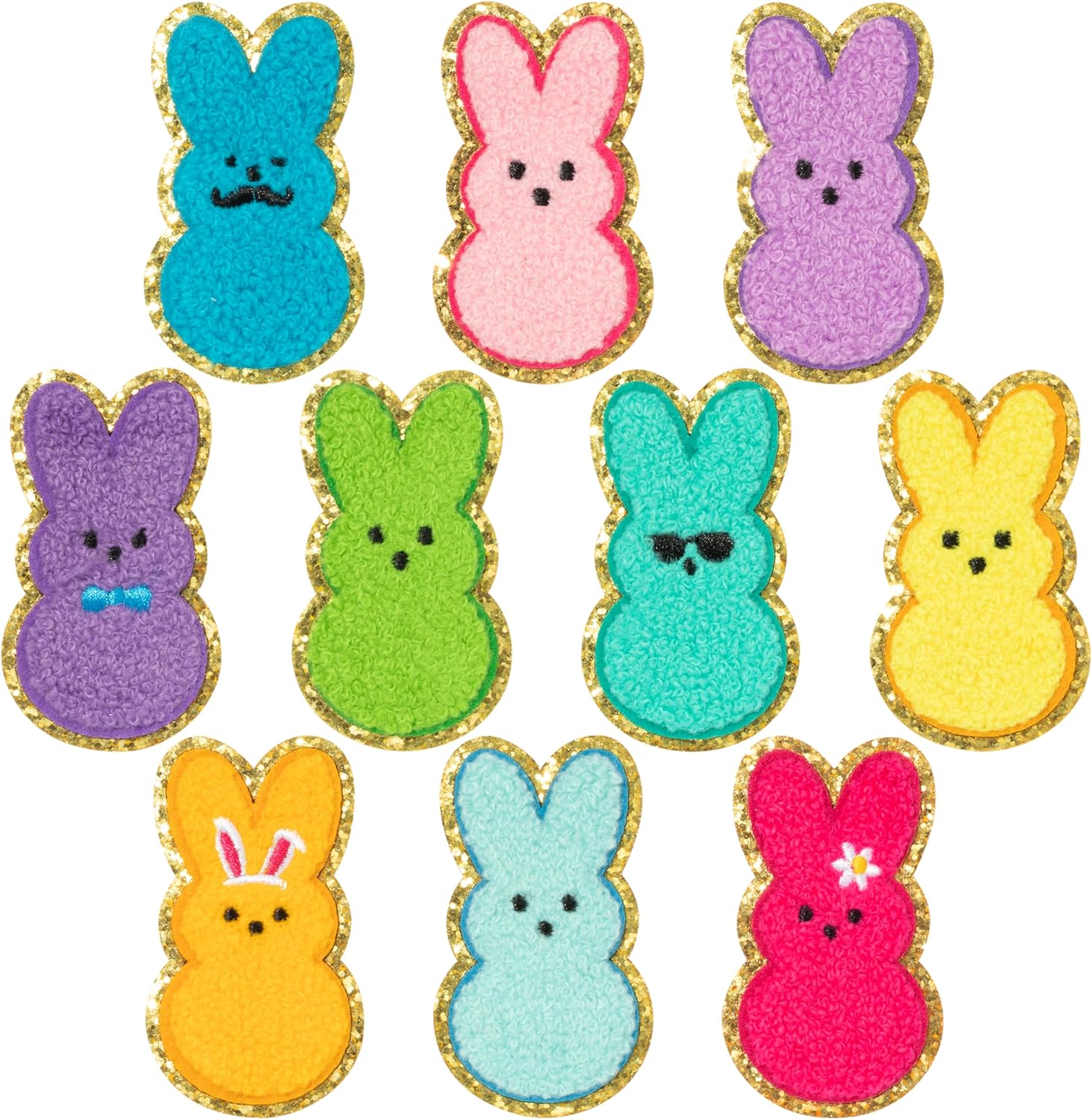 Easter Iron on Patches - X1zuue 10Pcs Bunny Peeps Chenille Iron on Knee Patches Colorful Rabbit Glitter Embroidered Sticker Applique DIY Accessory for Backpack Clothes Dress Pants Hats Jeans Decors