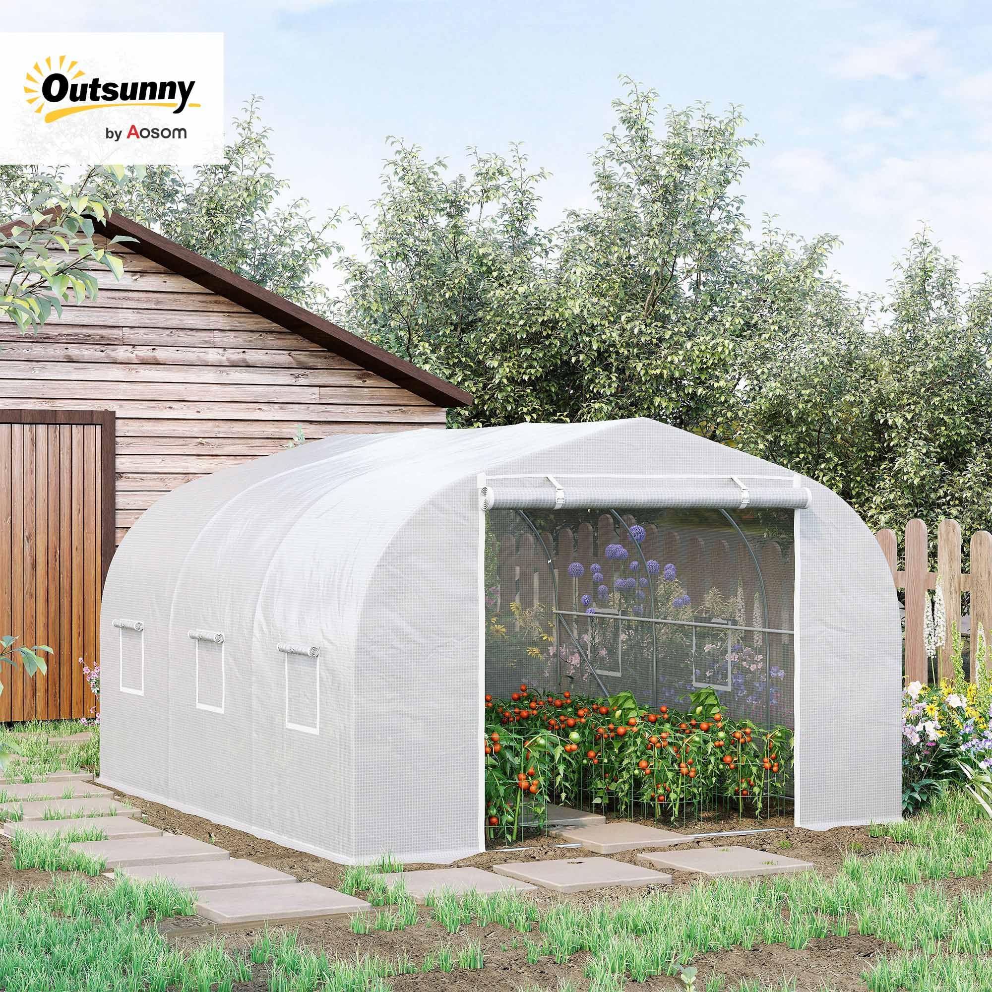 Outsunny Serre de Jardin Serre Tunnel de Jardin dim. 3,5L x 3l x 2H m Porte + 6 fenêtres enroulables Acier galvanisé bâche PE Haute densité Blanc
