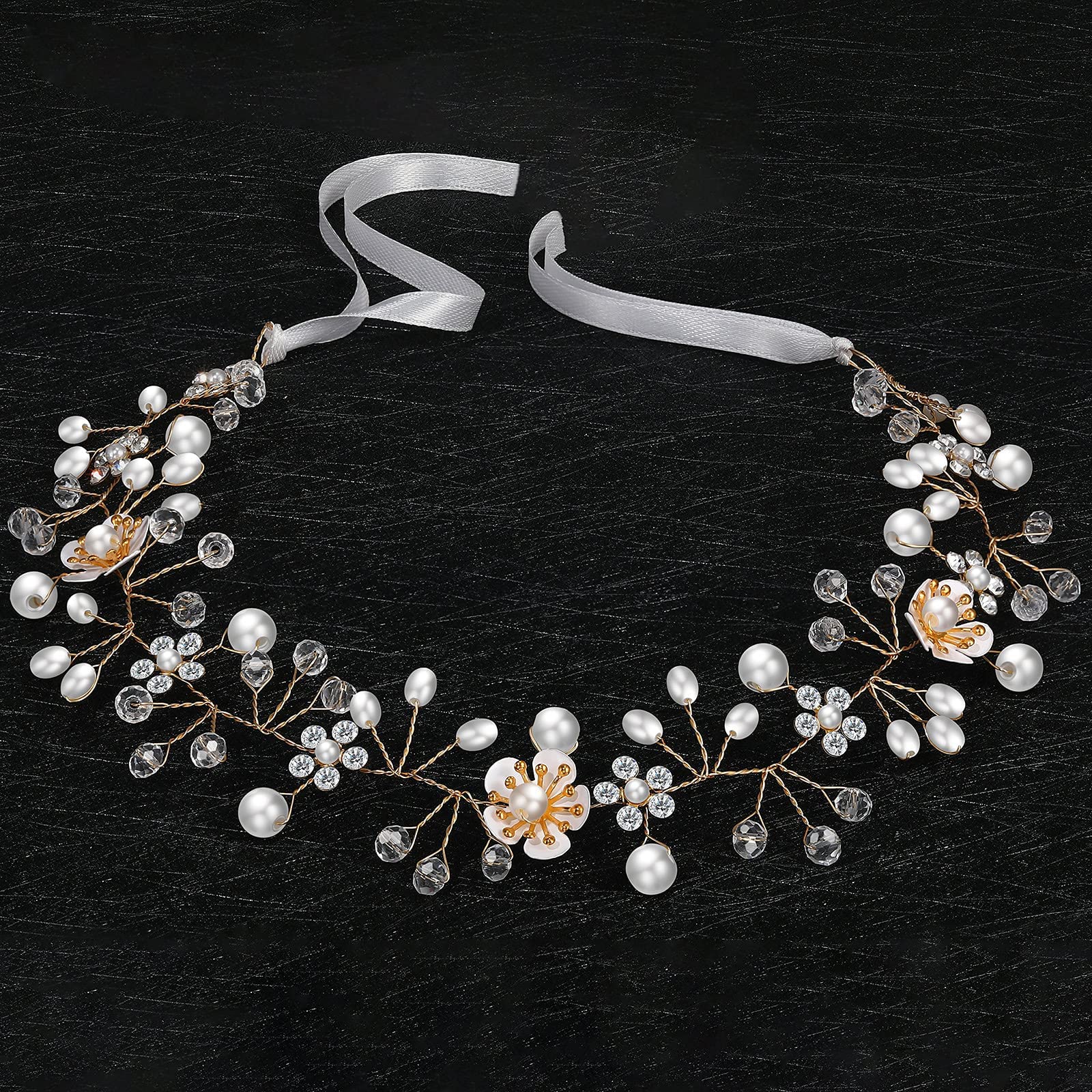 KASTWAVE Crystal Pearl Headband, Pearl Flower Headpiece Wedding Bridal Hair Vine Rhinestone Hair Vine Silver Leaf Crystal Hair Band Hair Accessories for Women Girls Bridesmaids Wedding Parties