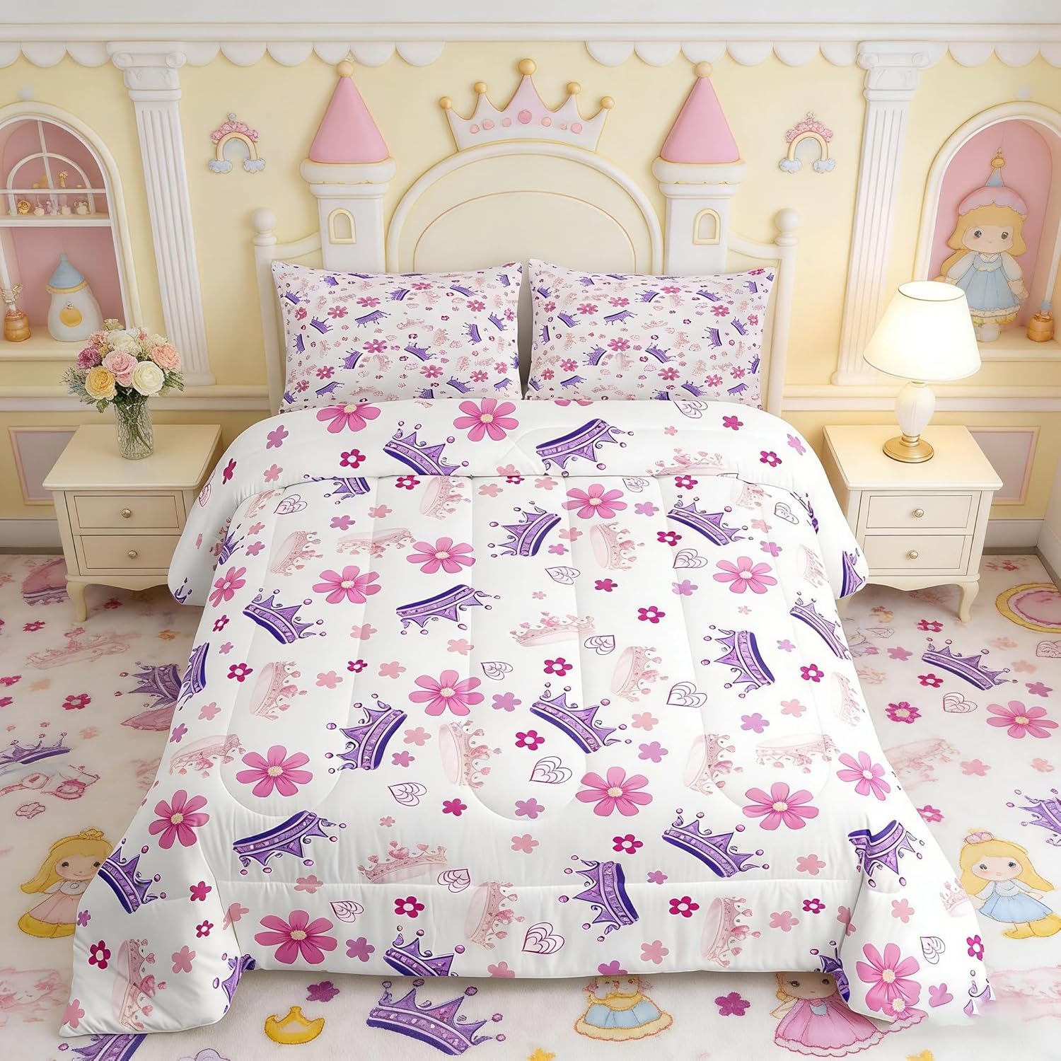 Manfei Princess Comforter Set Queen Size, Pink Purple Crown Print Bedding Set 3pcs, Cute Flower Girly Cartoon Down Comforter All Season, Kids Girls Room Decor, Soft and Breathbale, 2 Pillowcases