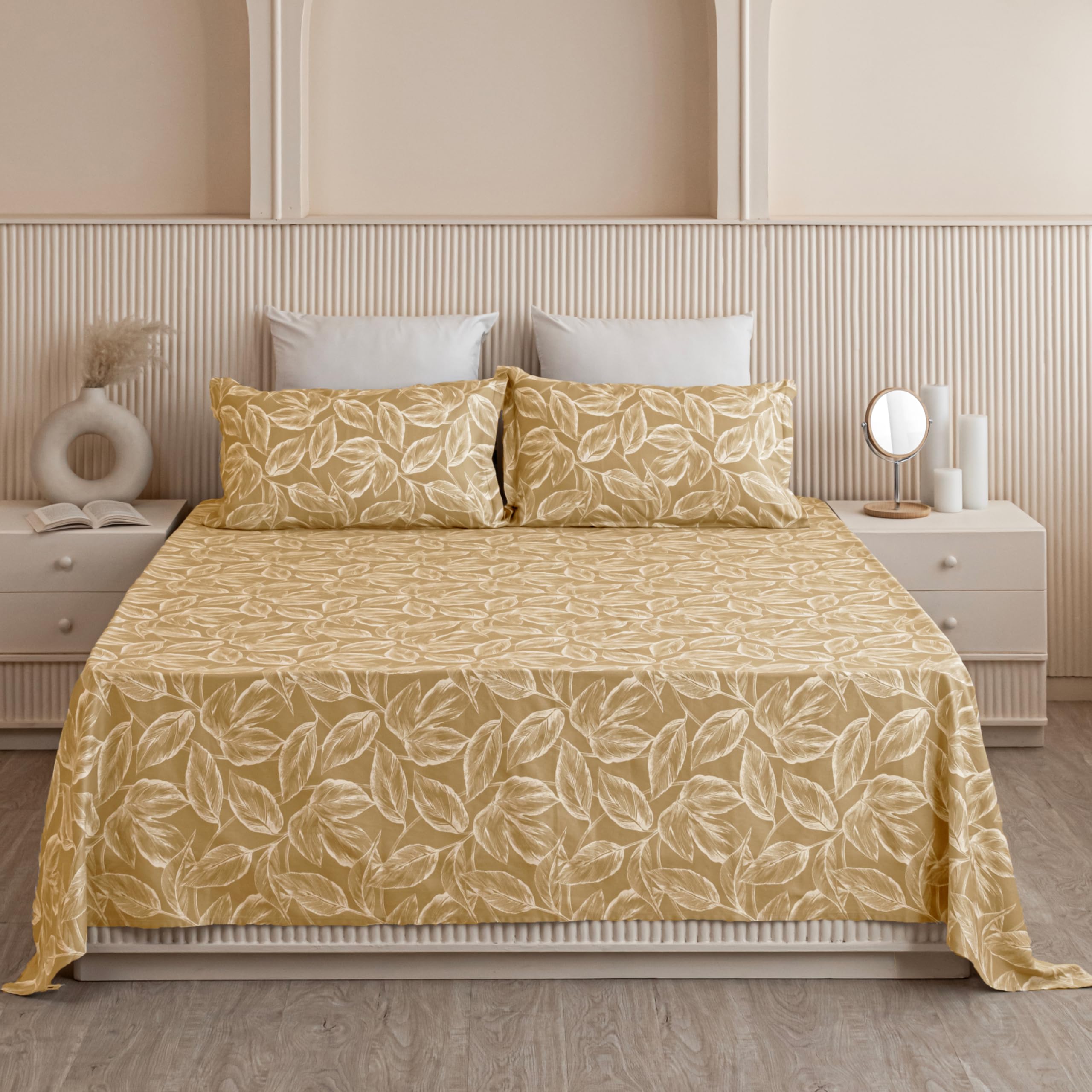 HOMEMONDE Premium 210 TC Cotton Bedsheet King Size 108 x 108 Inches Leaf Printed Soft Flat Sheet with 2 Pillow Covers 18 x 28 Inch - Golden (B0CRHPQ2SB) Amazon Price History, Amazon Price Tracker