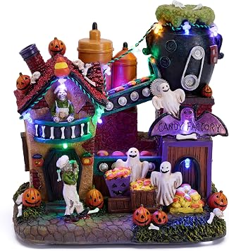 Valery Madelyn Halloween Decorations, Lighted Halloween Village Houses with Music and LED Lights, Resin Haunted House Spooky Town Scary Candy Factory for Home and Party Table Desk Mantel, 8 Inch