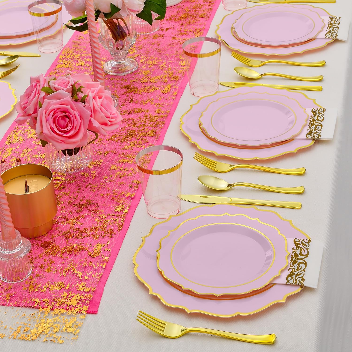 175 PCS Pink Plastic Plates for 25 Guests, Pink and Gold Disposable Dinnerware Set for Party Wedding Include 25 Dinner & 25 Dessert Plates, Spoons, Forks, Knives, Cups, 25 Napkins