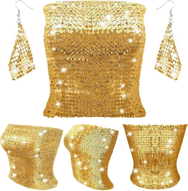 Women's Sparkly Sequin Crop Tops Strapless Metallic Tube Tops with Metal Mesh Drop Dangle Earrings for Party Clubwear