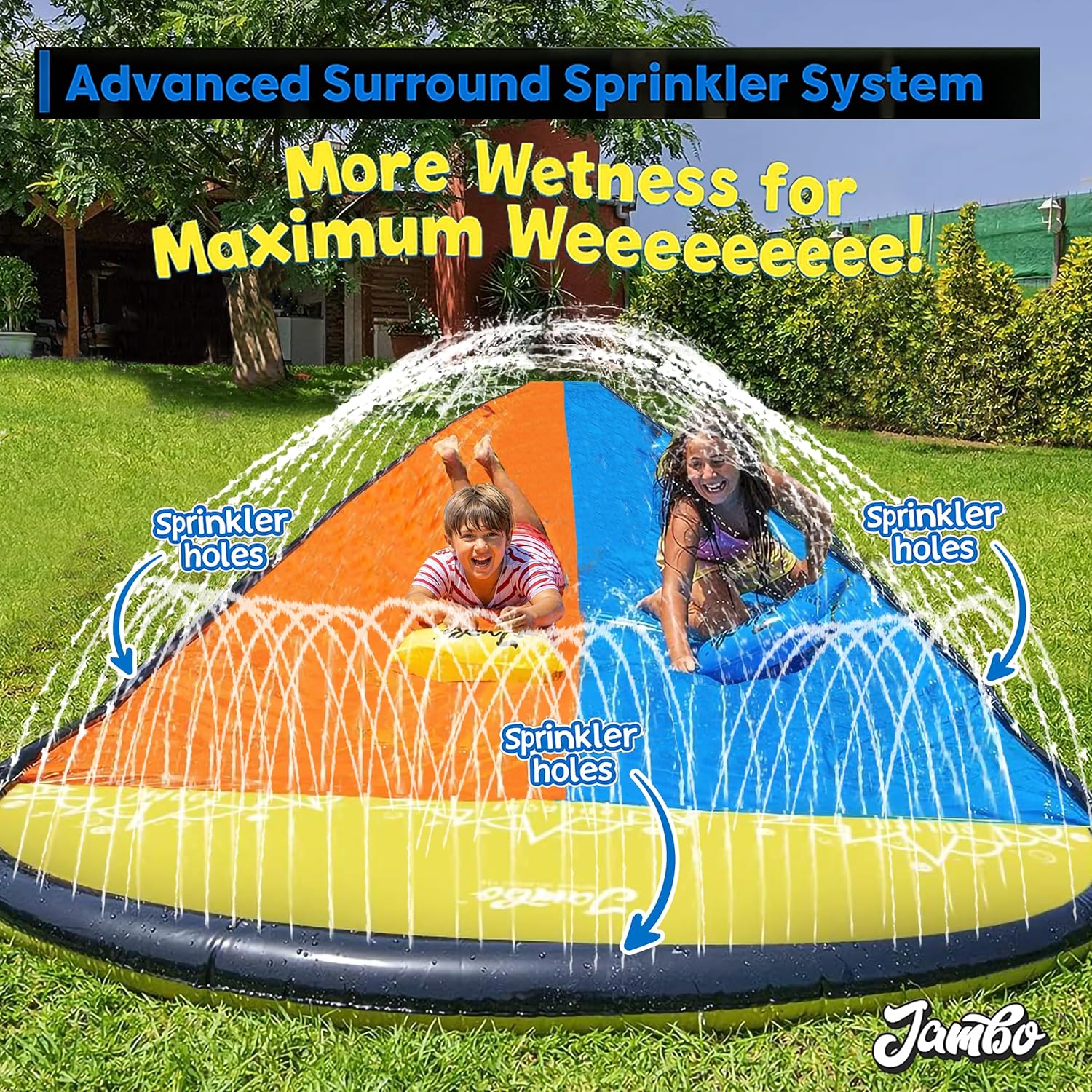 Close-up of the JAMBO XL Premium 20Ft Double Lane Water Slide showing the advanced 3-way sprinkler system actively spraying water across both lanes.