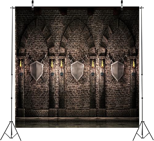 Miniatura 8 de BELECO Telón de fondo de castillo gótico de tela de 20 x 10 pies, castillo medieval, piedra de ladrillo antiguo, arcos de pared con espadas,