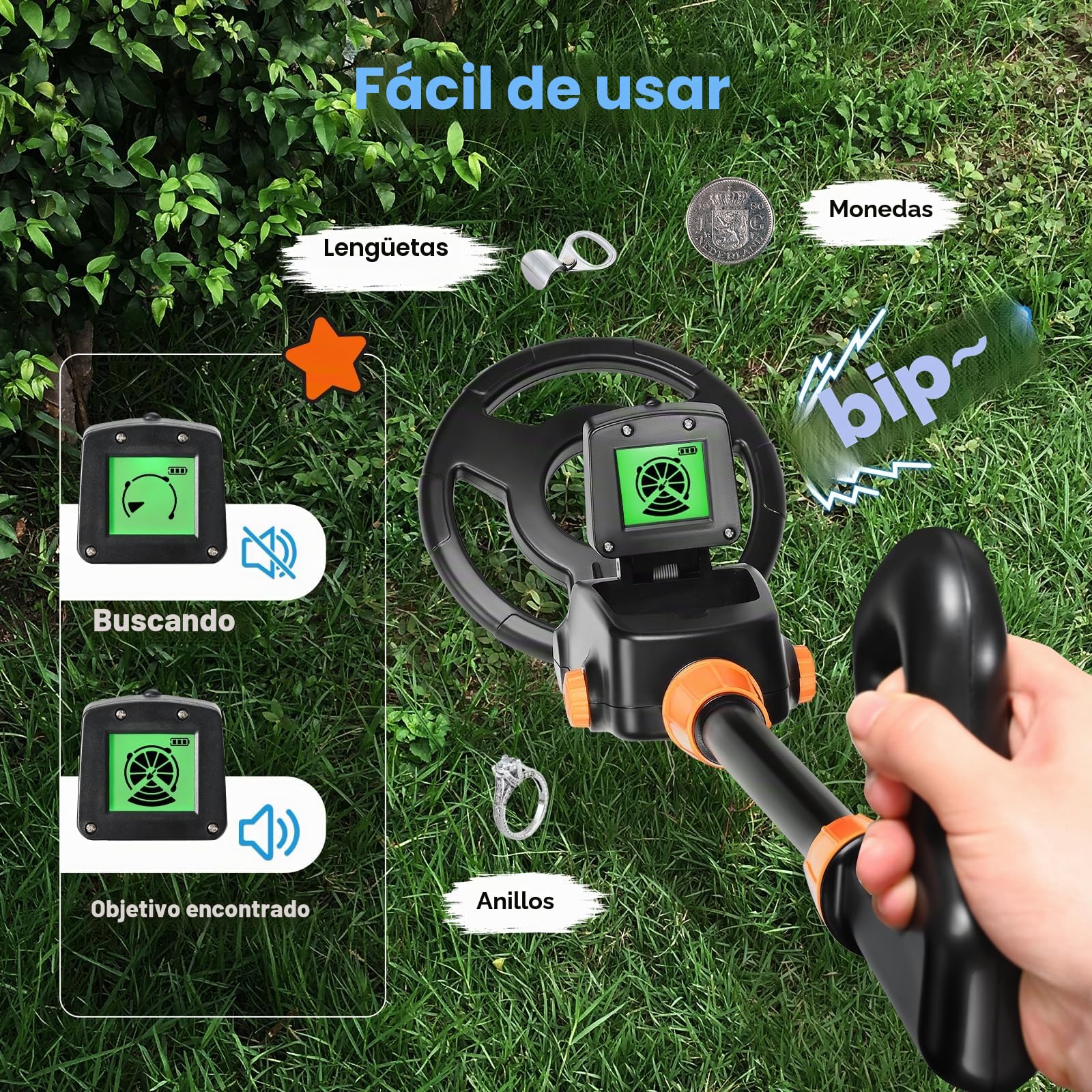 Detector de Metales Niños, Detector de Metales Ligero y Impermeable IP68 con Pantalla LCD e Indicación de Sonido, Alta Precisión para Niños con Pala para Investigación de Metales