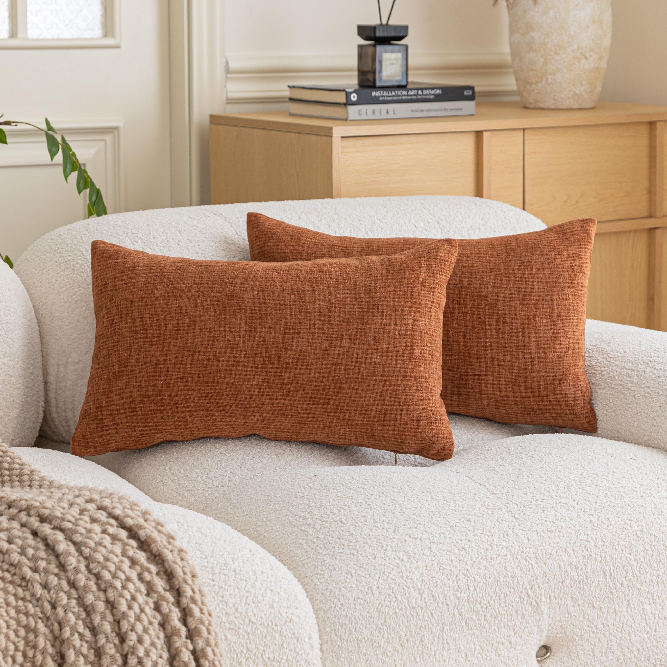 Home Brilliant Burnt Orange Rectangle Cushion Covers for Autumn Sofa Bed Couch Soft Decorative Chenille Cushions Set of 2 Oblong 12x20 Cushion Cover, Orange, 30x50 cm โ image 1