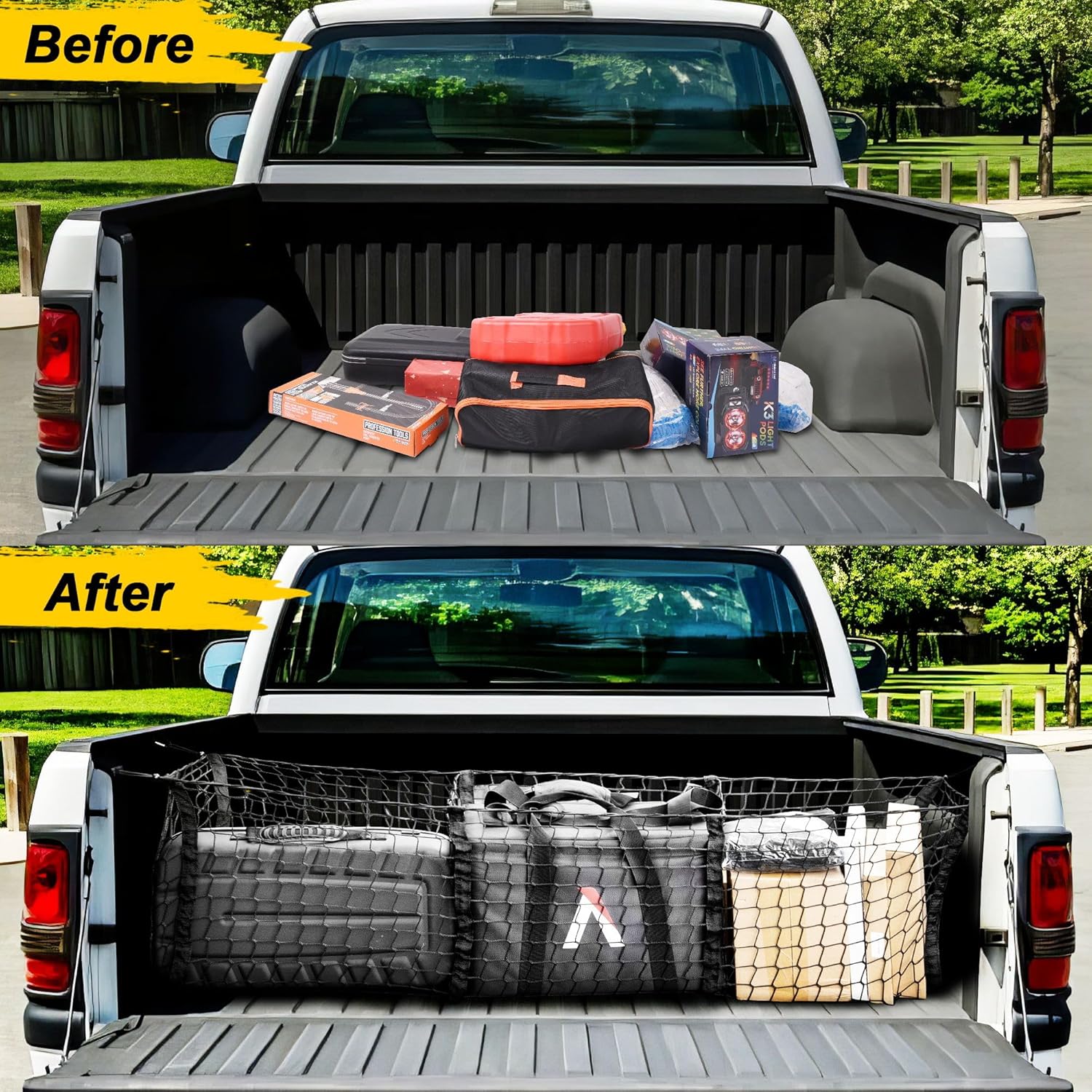BUMBEE Heavy Duty Mesh Cargo Net 3 Pocket Trunk Bed Storage for 2005-2024 Toyota Tacoma Car, SUV, Pickup Truck Bed with Metal Carabiners Storage Bag(46x14x17Inch) - Image 6