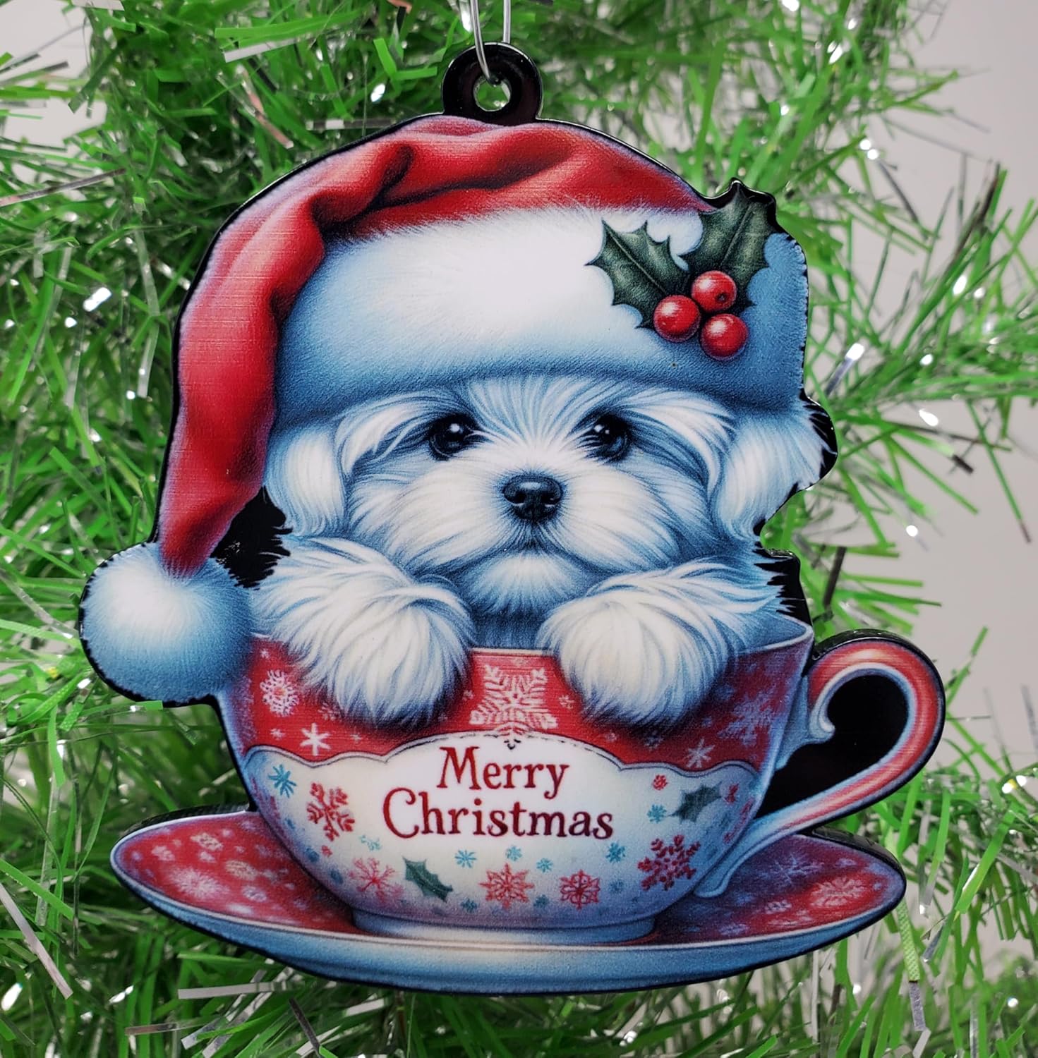 Generic Maltese Poodle Dog Santa Pup in Merry Christmas Tea Cup Ornament