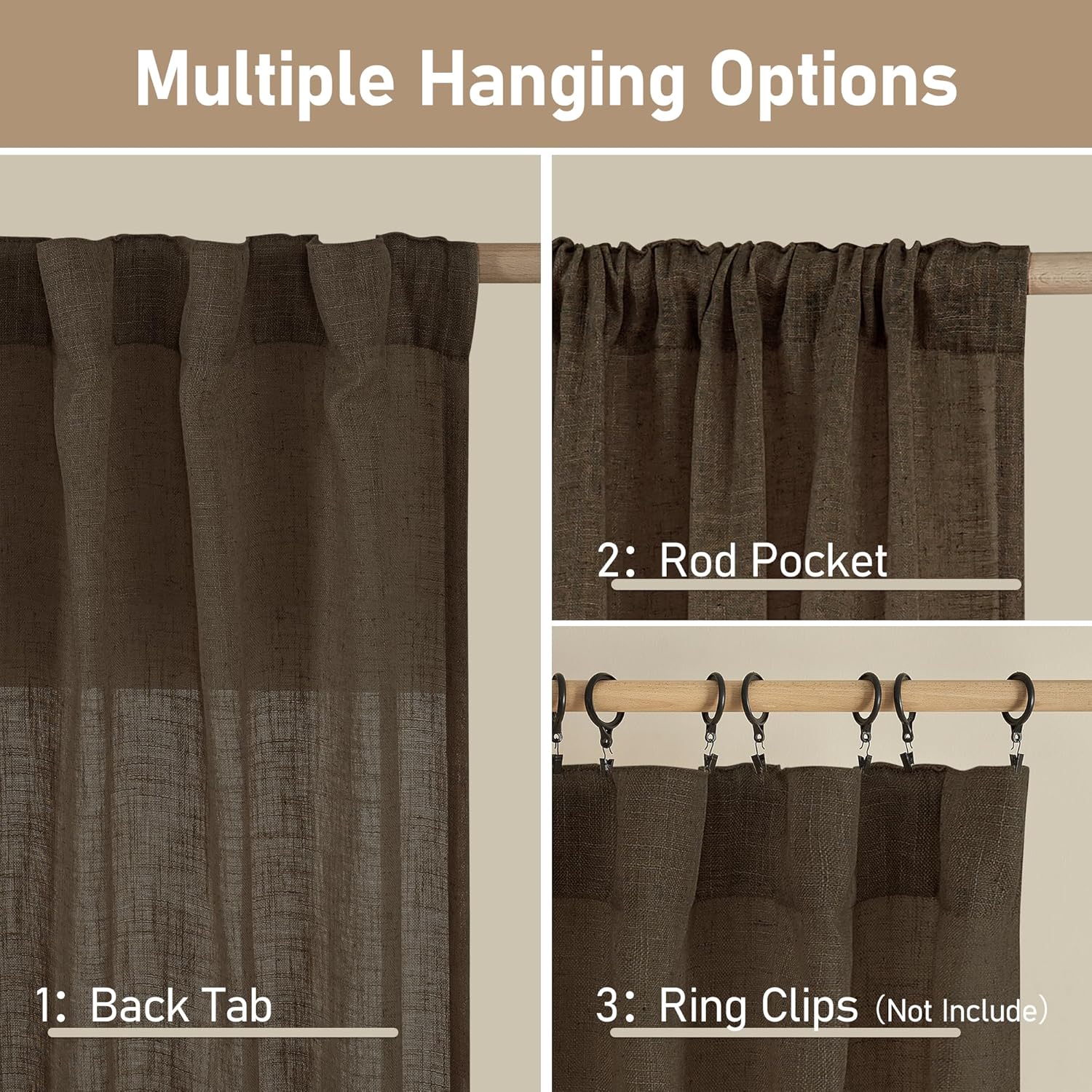 Condition photo showing New/Like New for lamit linen curtains 90 inch for living room, back tab and rod pocket linen textured farmhouse curtains light filtering drapes for bedroom/dining room, dark brown, set of 2, 52 x 90 inch 52"w x 90"l (pack of 2) dark brown