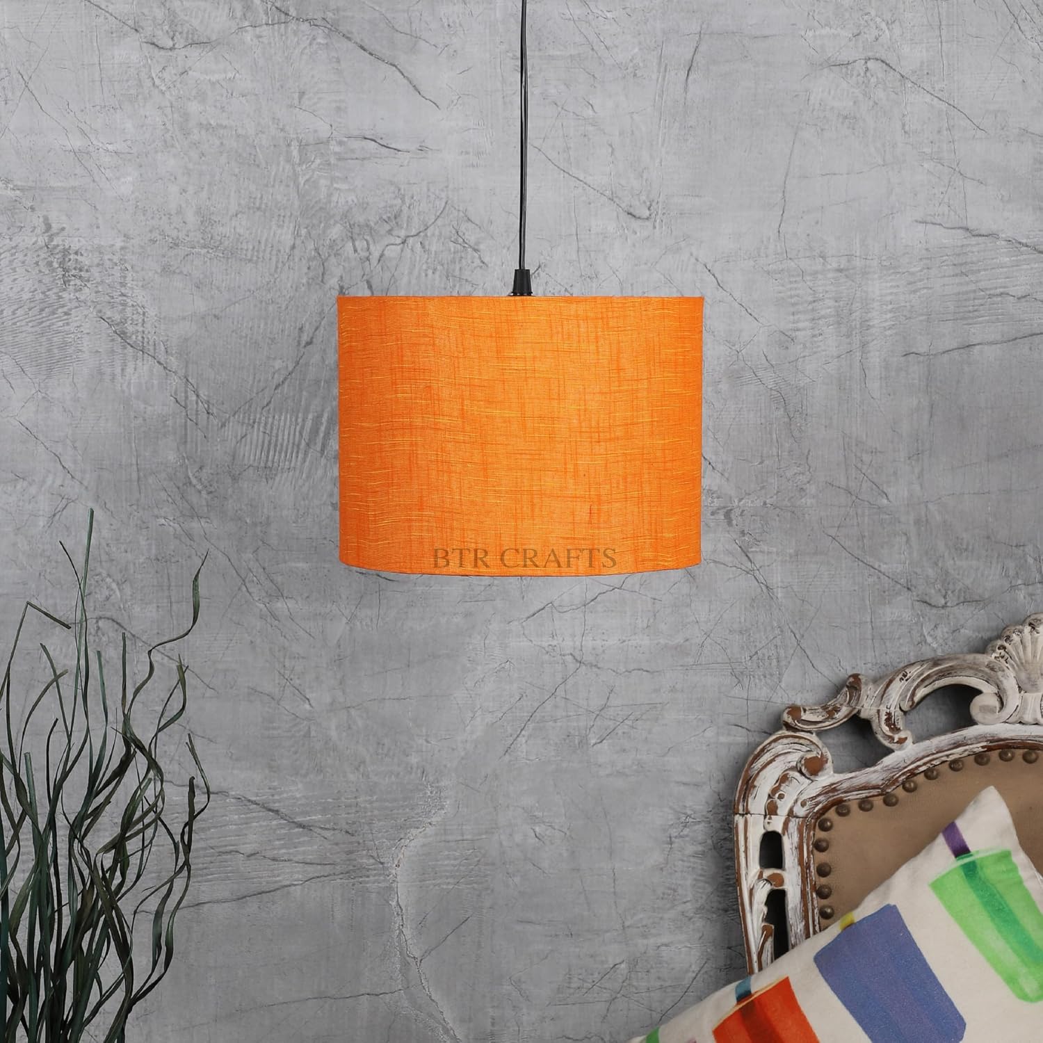 Pack of 2|Unique Colors, Pendant/Hanging Ceiling Light Fixture for Bedroom, Kitchen, Living Room, Dining Table, Lobby, Kitchen- Black Canopy(Orange Texture)