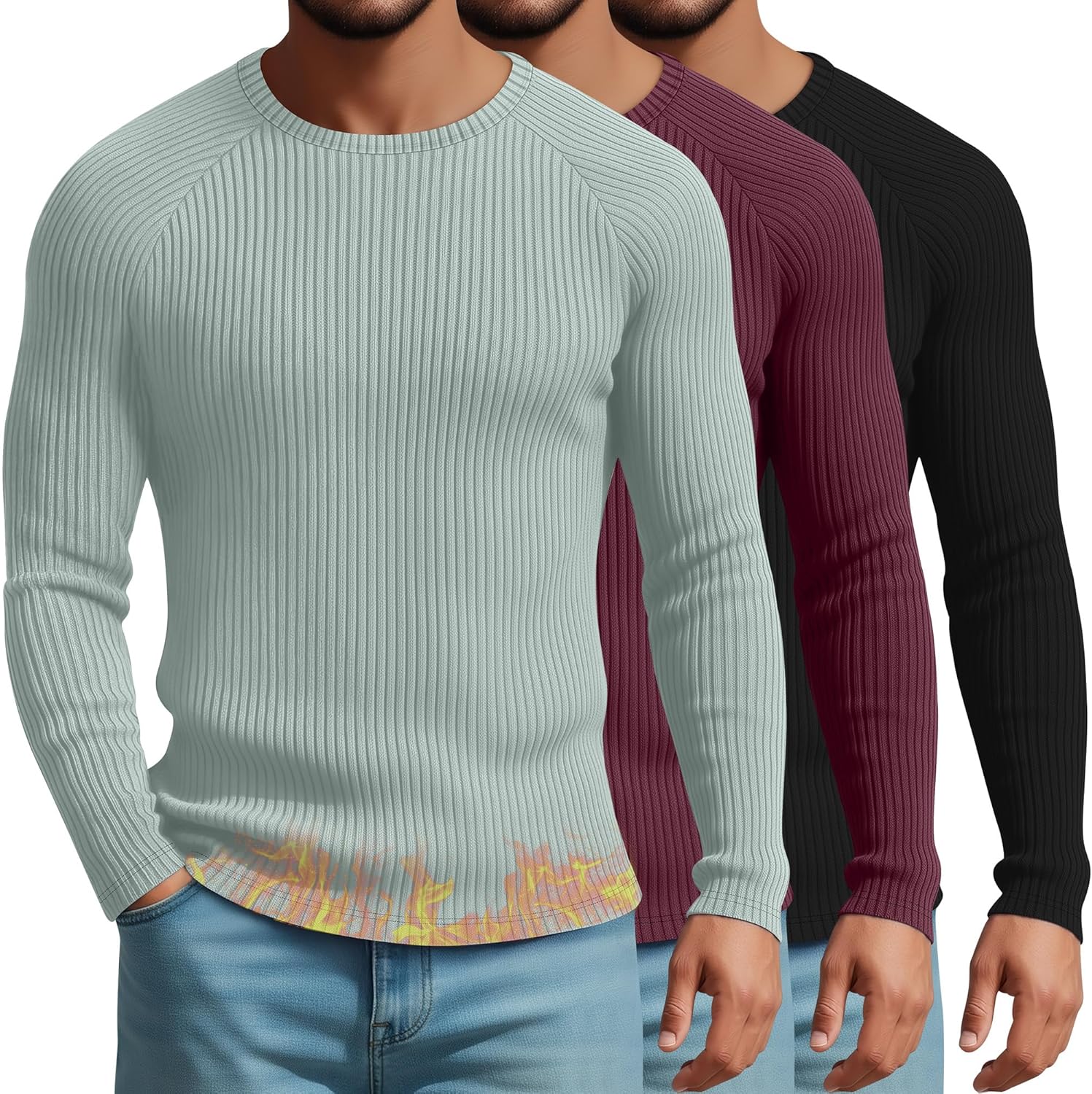 August Alley 3 Pack Men's Ribbed Thermal Long Sleeve Shirts 90% Cotton Crew Neck Pullover Tops Slim Fit Winter Undershirts
