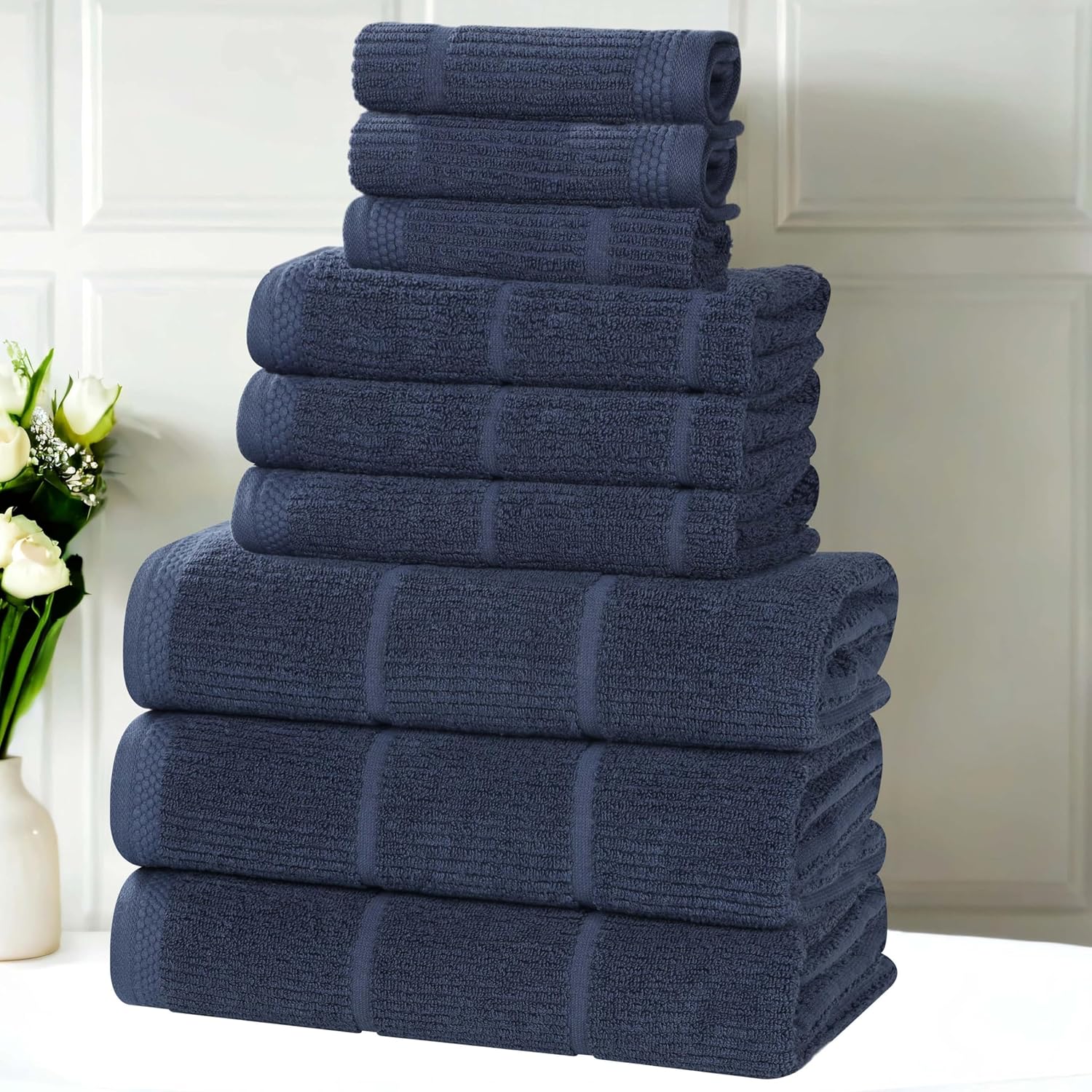 Superior Milo Smart Twist Viscose Cotton Blend Medium Weight Towels, For Guest Bath,V Bathroom, Spa, Quick Dry, Ultra-Soft Towels, Bath Essentials, Ribbed Design, 9 Piece Assorted Towel Set, Navy Blue