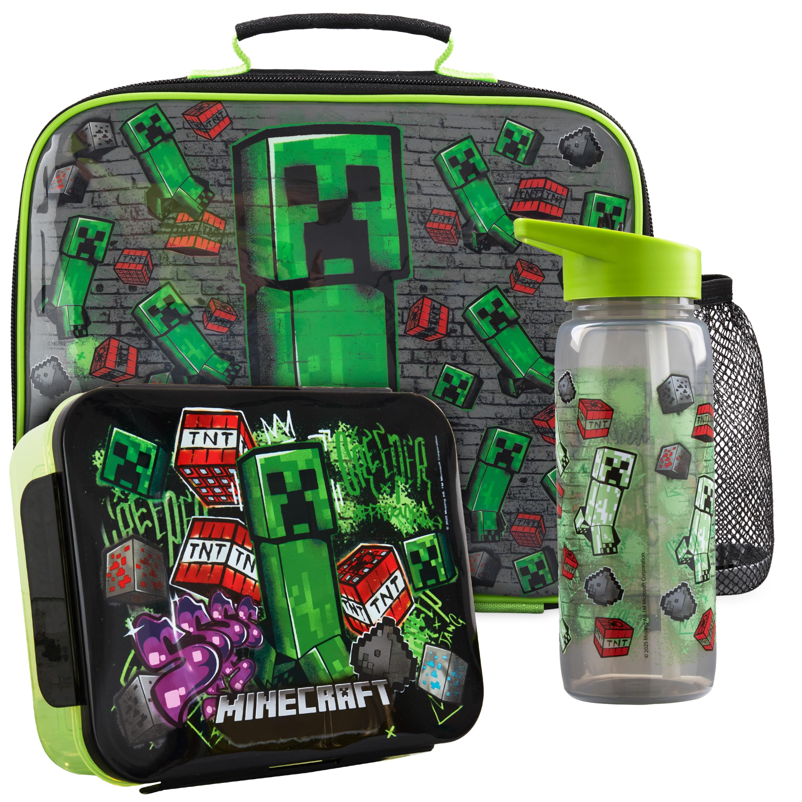 Get Trend Minecraft Brotdose Kinder Set 3-Teilig, Isolierte Lunchtasche, 640ml Trinkflasche & Snackbox mit Fächern, BPA Frei, Leicht & Robust, Bento Box Set für Schule Picknick (Grün/Multi Minecraft)