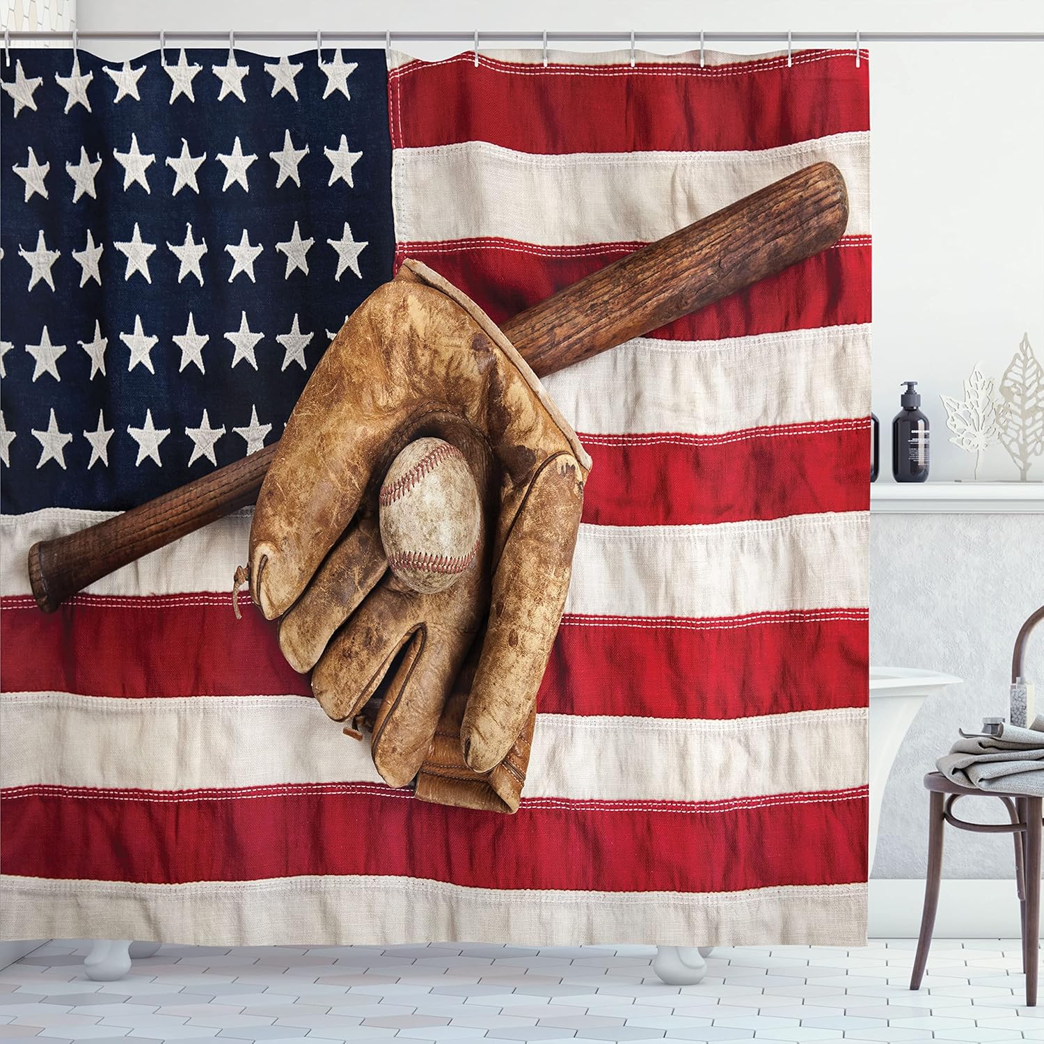 Ambesonne Baseball Shower Curtain, Vintage Baseball League Equipment USA Grunge Glove Bat Fielding Sports Theme, Cloth Fabric Bathroom Decor Set with Hooks, 69" W x 70" L, Brown Red Blue