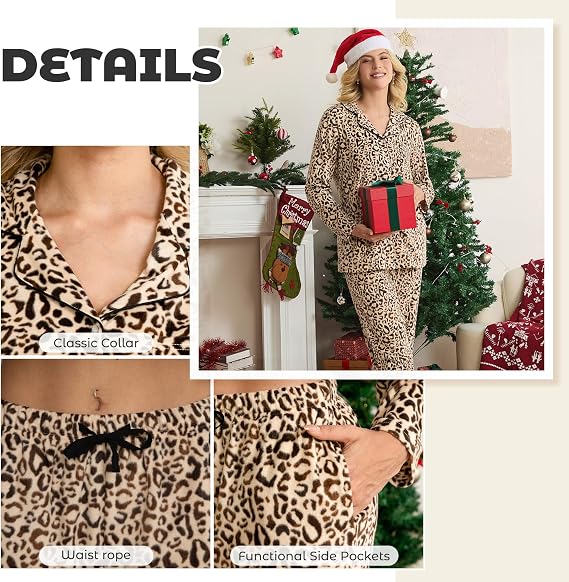 HEARTNICE Women's Fleece Pajama Set, Ultra Soft Long Sleeve Button-Down PJs 2-Piece Cozy Sleepwear