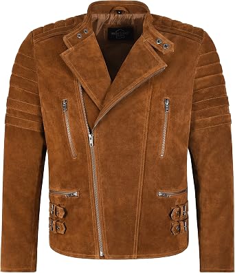 Mens Biker Cafe Racer Jacket Retro Quilted Fashion Design Tan Suede Real Leather