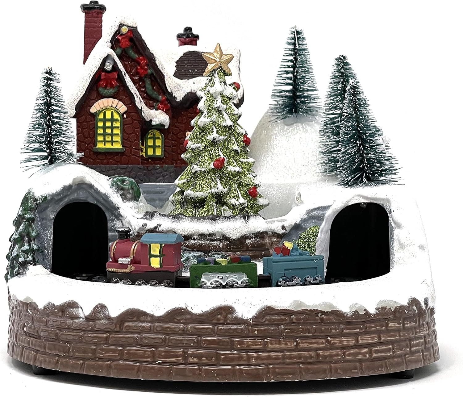 allgala Crafted Polyresin Christmas House Collectable Décor Building House Figurine with USB and Battery Dual Power Source-Moving Train and Wind Players-XH93412