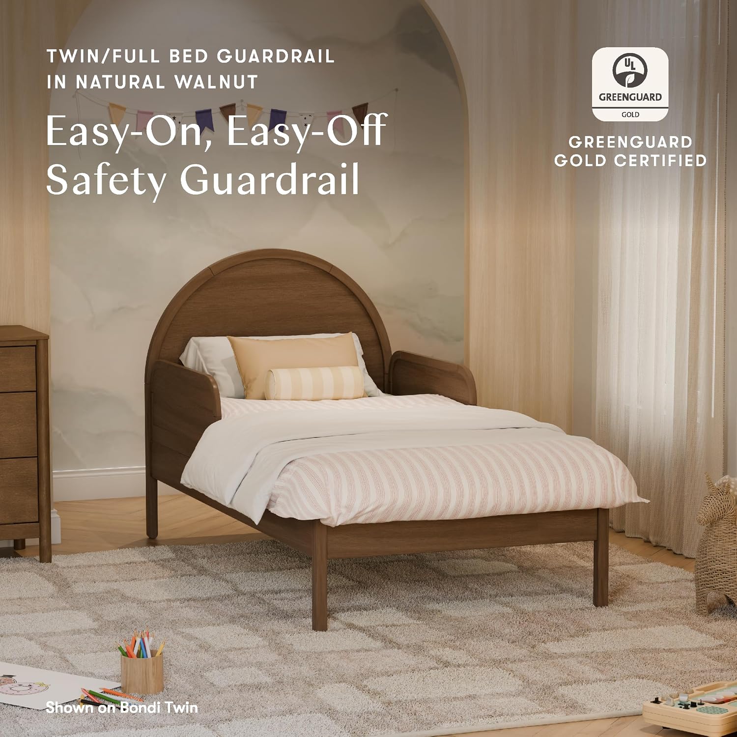 Babyletto Twin/Full Bed Guardrail for Single-Side Use - Removable, Wooden Bed Rail for Toddlers - GREENGUARD Gold Certified Baby Bedside Rail Guard for Safe Sleep - Tools Free Setup - Natural Walnut