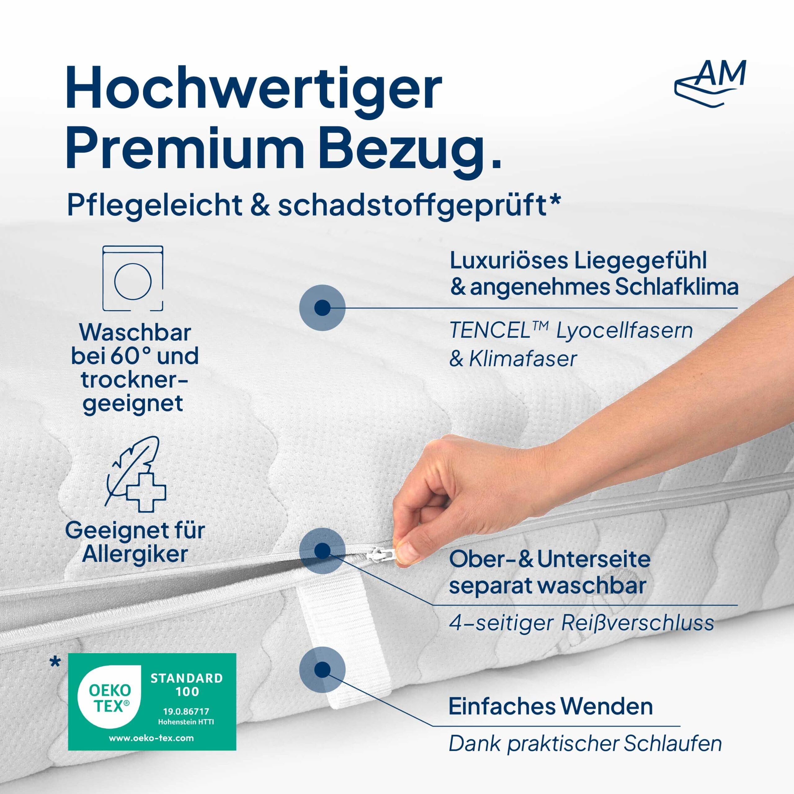 AM Qualitätsmatratzen Premium Latex-Taschenfederkernmatratze 90x200cm H3 24cm - Made in Germany & Oeko TEX Siegel - 7 Zonen Latex-Federkernmatratze 90x200 mit 1000 Federn & Lyocell Bezug
