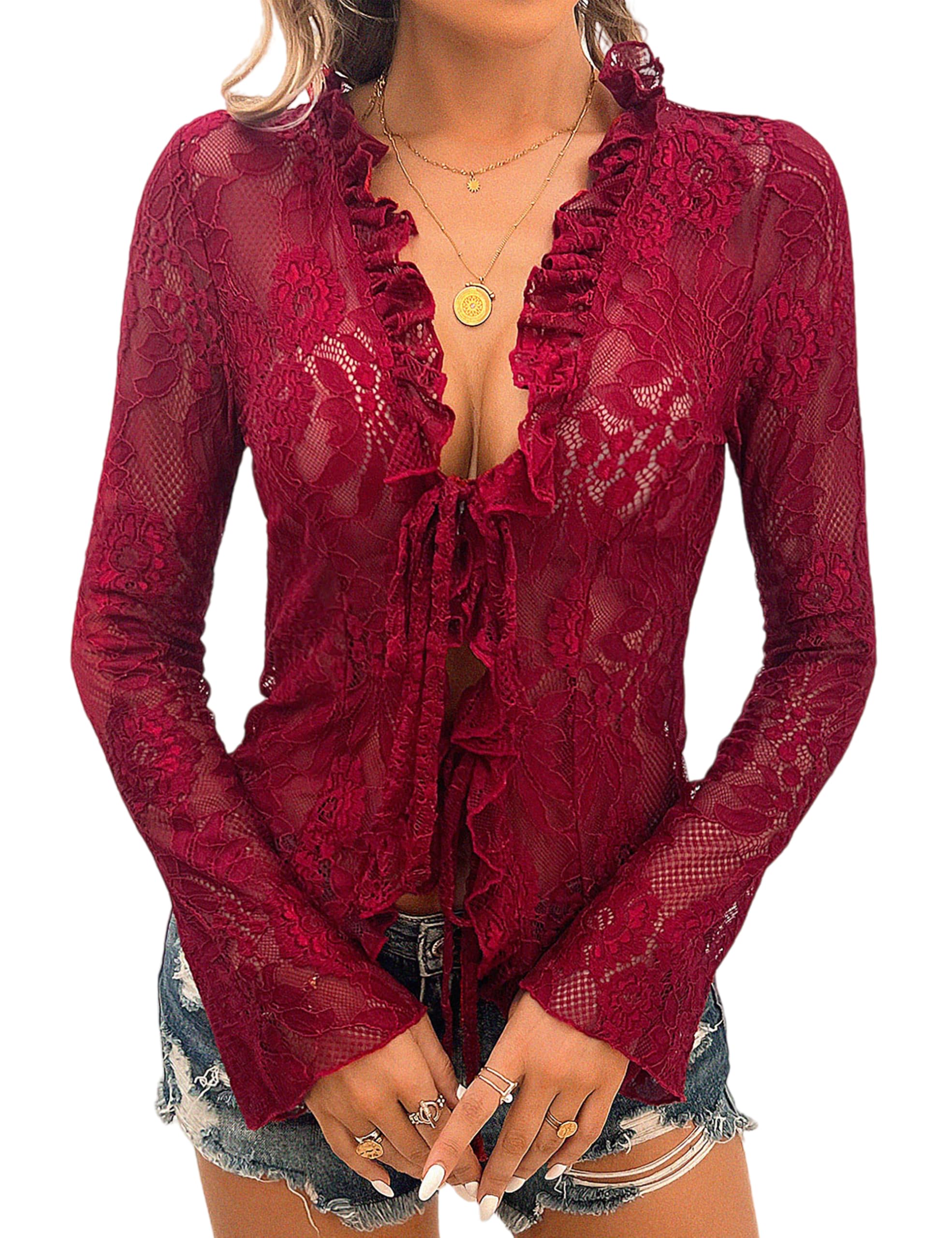 Top in pizzo da donna a maniche lunghe trasparente sexy in rete pura crop top camicia aperta frontale cravatta camicetta con volant per le donne