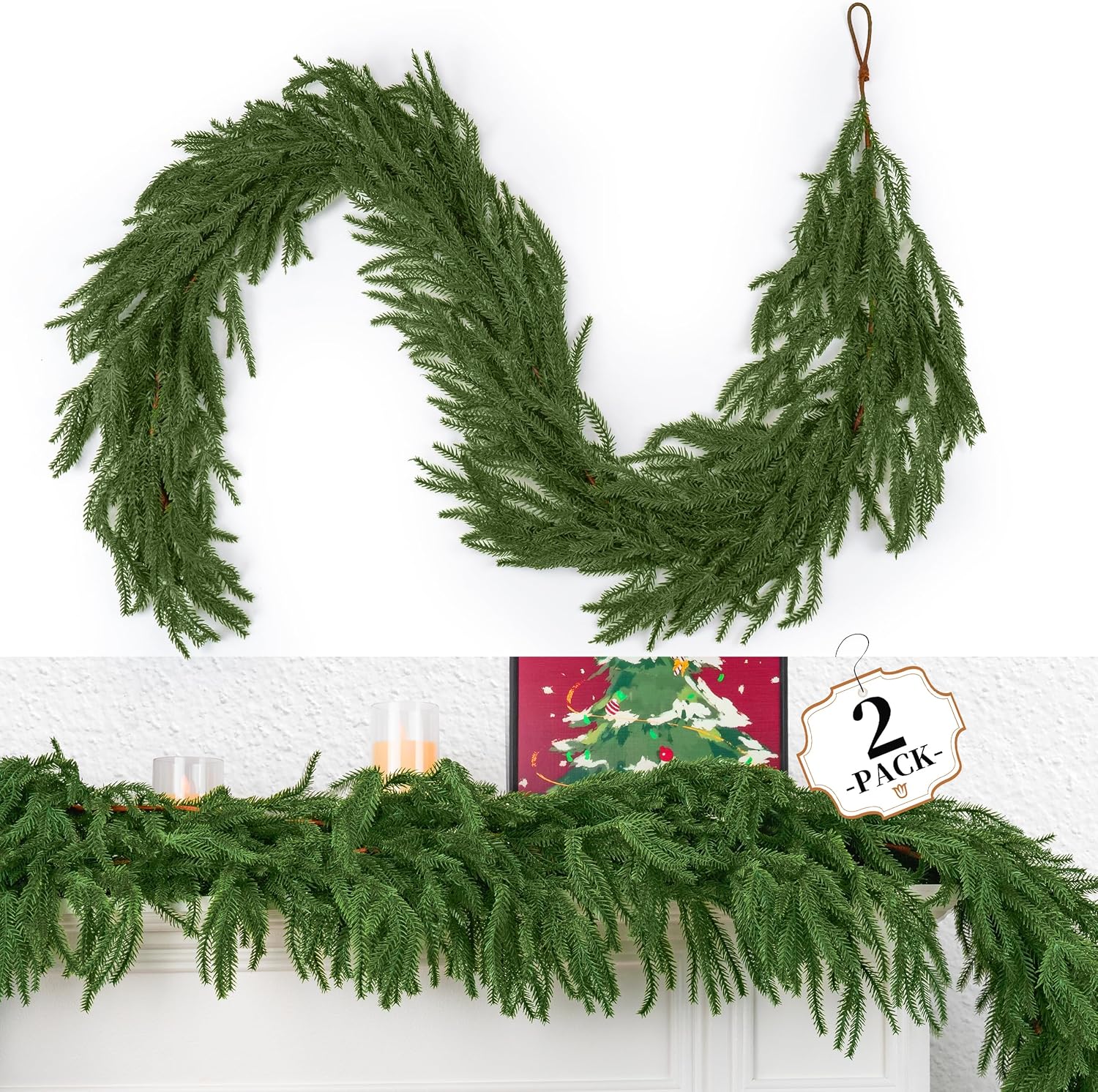 2 Pcs 6 Ft Christmas Norfolk Pine Garland, Christmas Garland for Christmas Decorations- 120 Branches Greenery Garland for Holiday, Fireplace, Mantle, Window, Stairs, Indoor, Outdoor Decor
