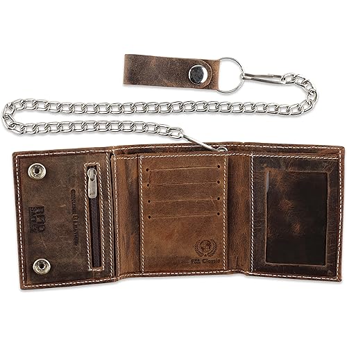 RFID Blocking Men's Tri-fold Vintage Biker Cowhide Top Grain Leather Steel Chain Wallet,Snap closure, Made In USA,Vintage buffalo brown White stitching,315