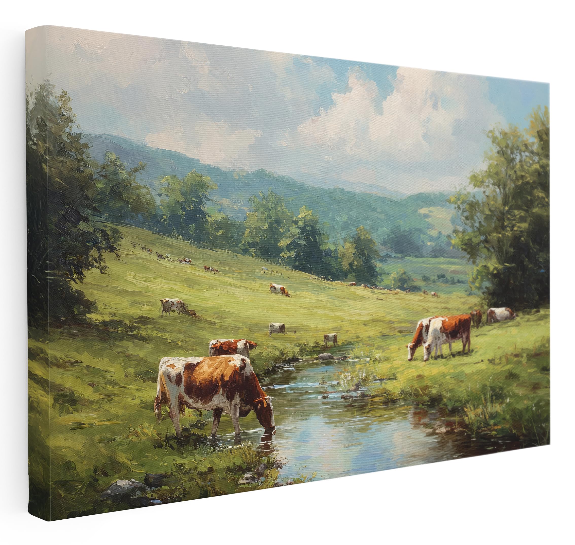 Pastello Countryside Cows by the Stream Canvas Wall Art – Wall Art Print for Living Room, Bedroom, Office, Framed Artwork – Rustic Farm Landscape Décor (77cm x 51cm / 30x20inch)