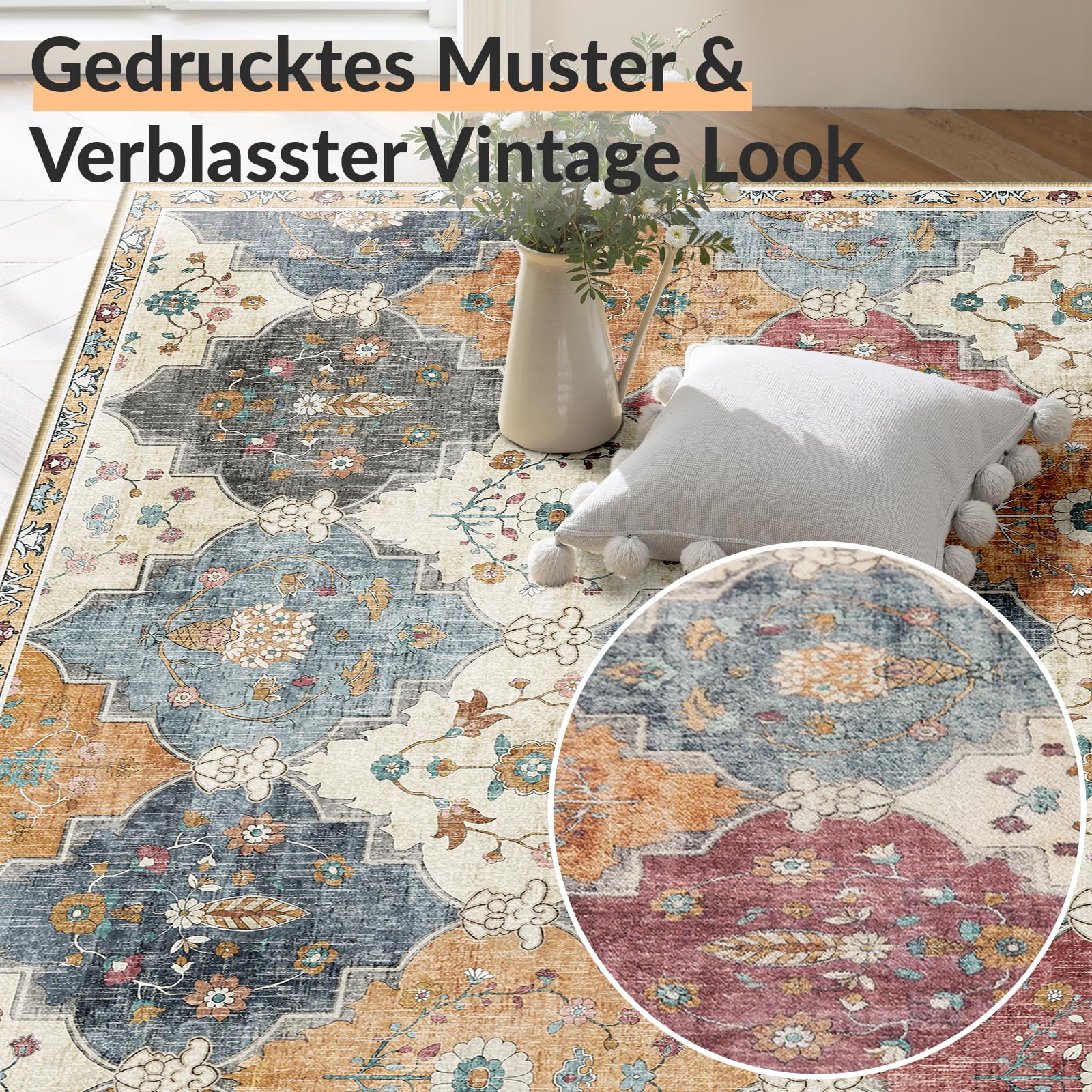 INOVADAY Teppich Wohnzimmer 200x300 cm Boho Waschbarer Teppich Orange/Rot | Moroccan, Kurzflor, Rutschfest, Teppich Schlafzimmer, Esszimmer, OEKO, Weiche, Staubsaugergeeigneter, Haustierfreundlich