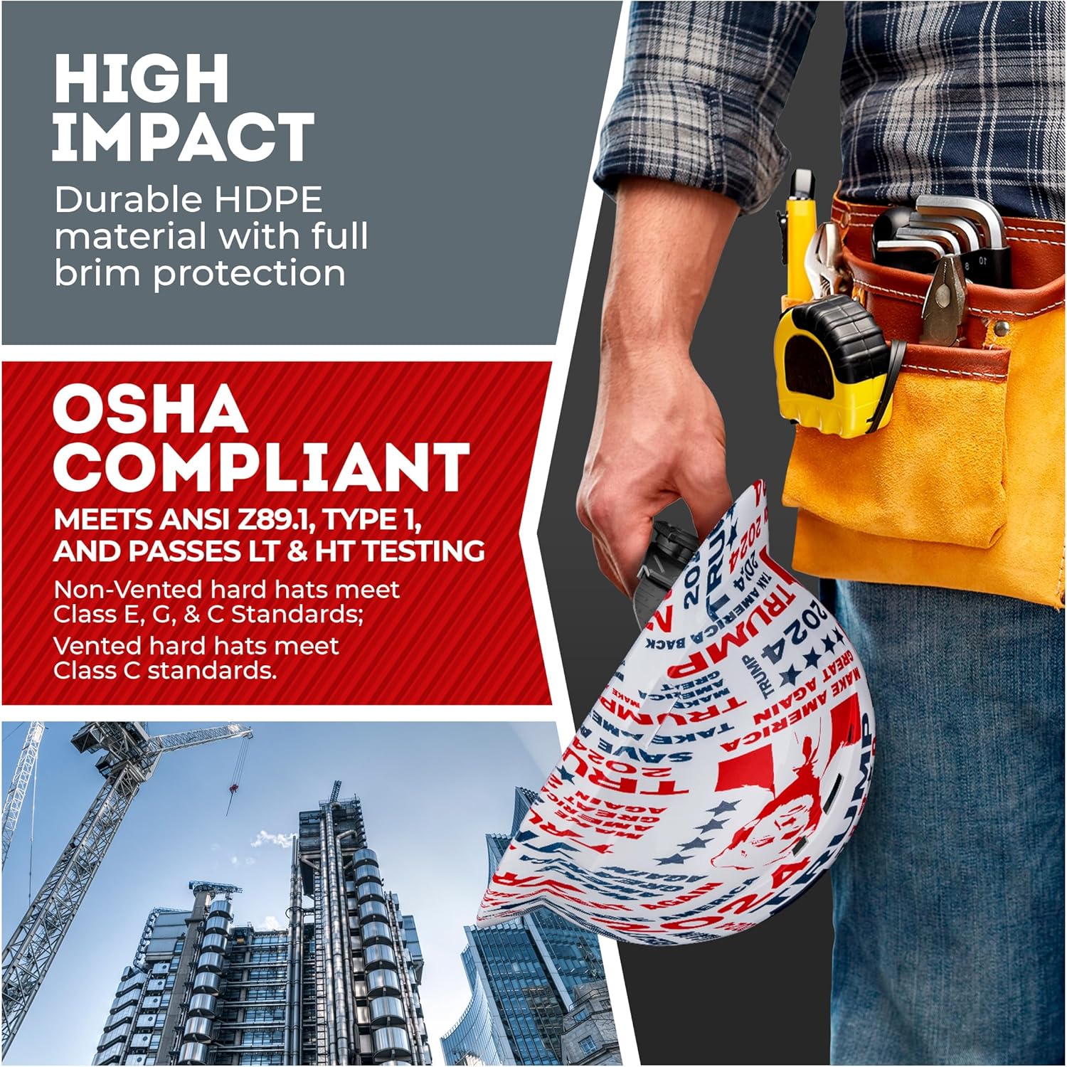 Acerpal Updated Vented Full Brim Hard Hat, Trump 2024 Gloss, Padded, OSHA Construction Safety Approved Hardhats, Hard Hats for Men, Cascos De Construccion Helmet.