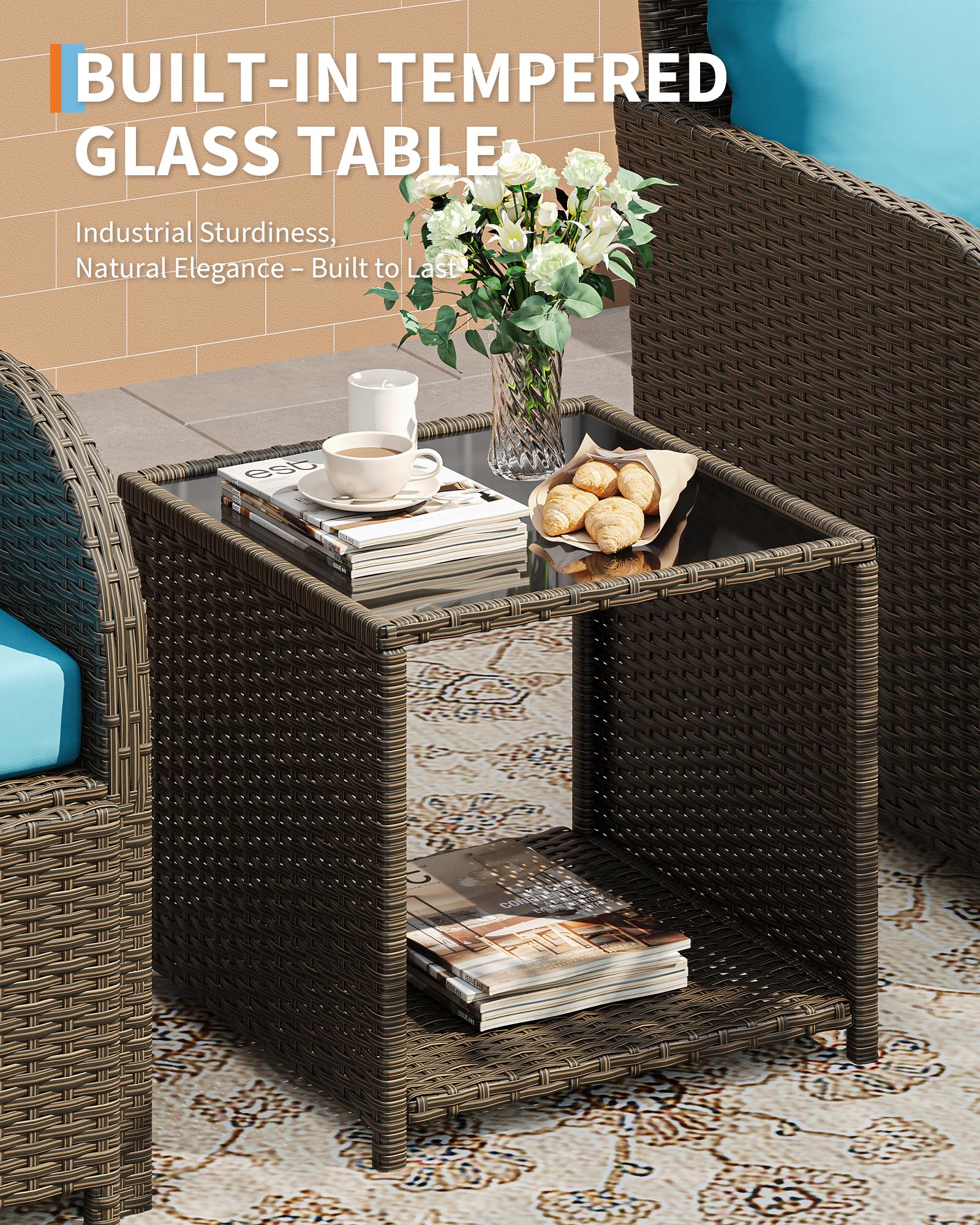 GarveeHome 5er Rattan Gartenmöbel Set mit 71cm breiter Sitzfläche, Balkonmöbel Kleiner Balkon, 2 Rattansessel mit Hocker & Tisch, Gartenlounge Terrassenmöbel, Outdoor Gartengarnitur