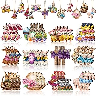 36 Pcs Vintage Easter Hanging Wood Ornaments Decorations Retro Easter Victorian Wooden Ornament Craft Bunny Lamb Chick Egg Duck Classic Easter Hanging Ornaments for Home Wall Window Decor