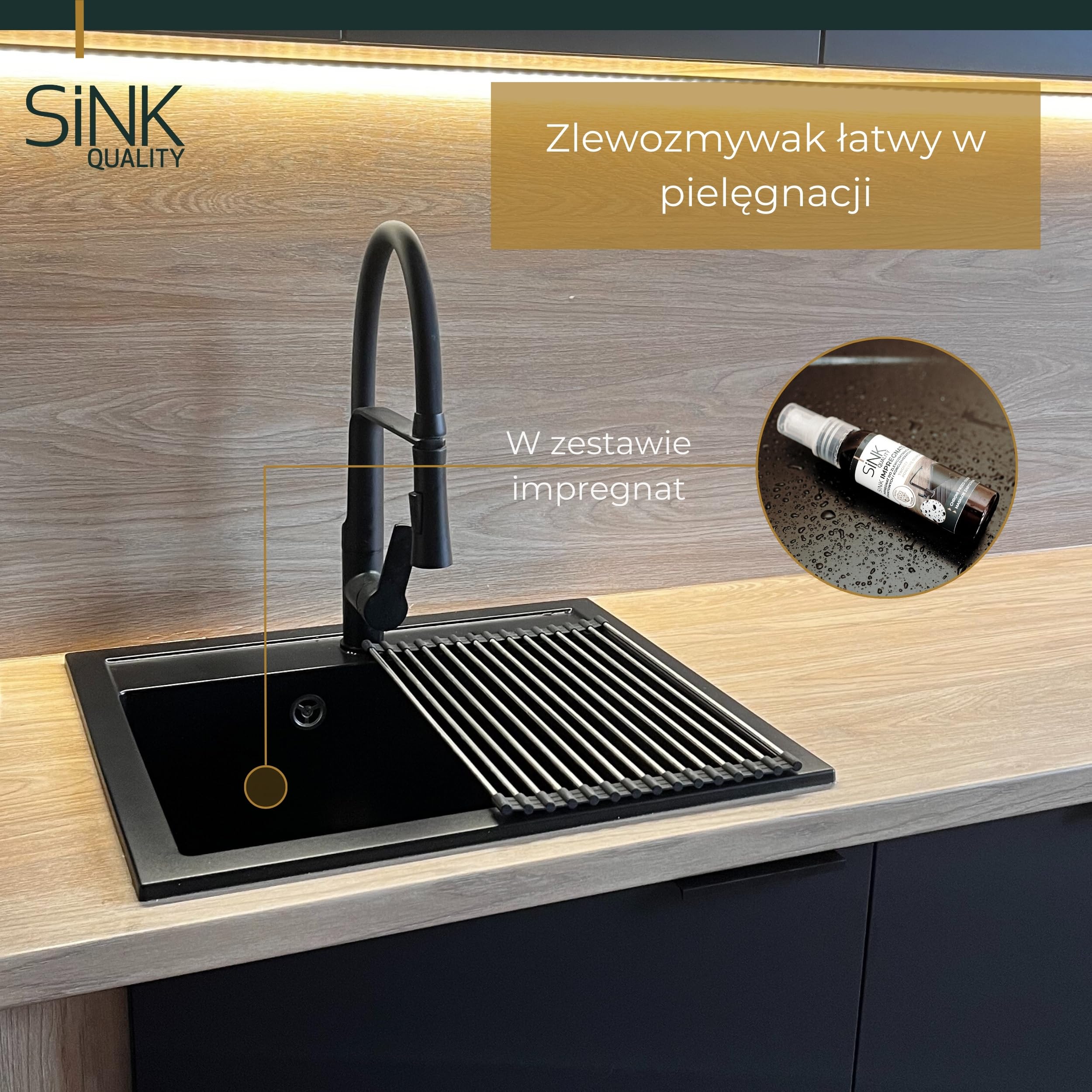 SINK Quality Zlewozmywak Jednokomorowy Czarny 56x51 cm - W zestawie syfon z Pop Up i impregnat - Granitowy Zlew Kuchenny do szafki o szerokości od 60 cm