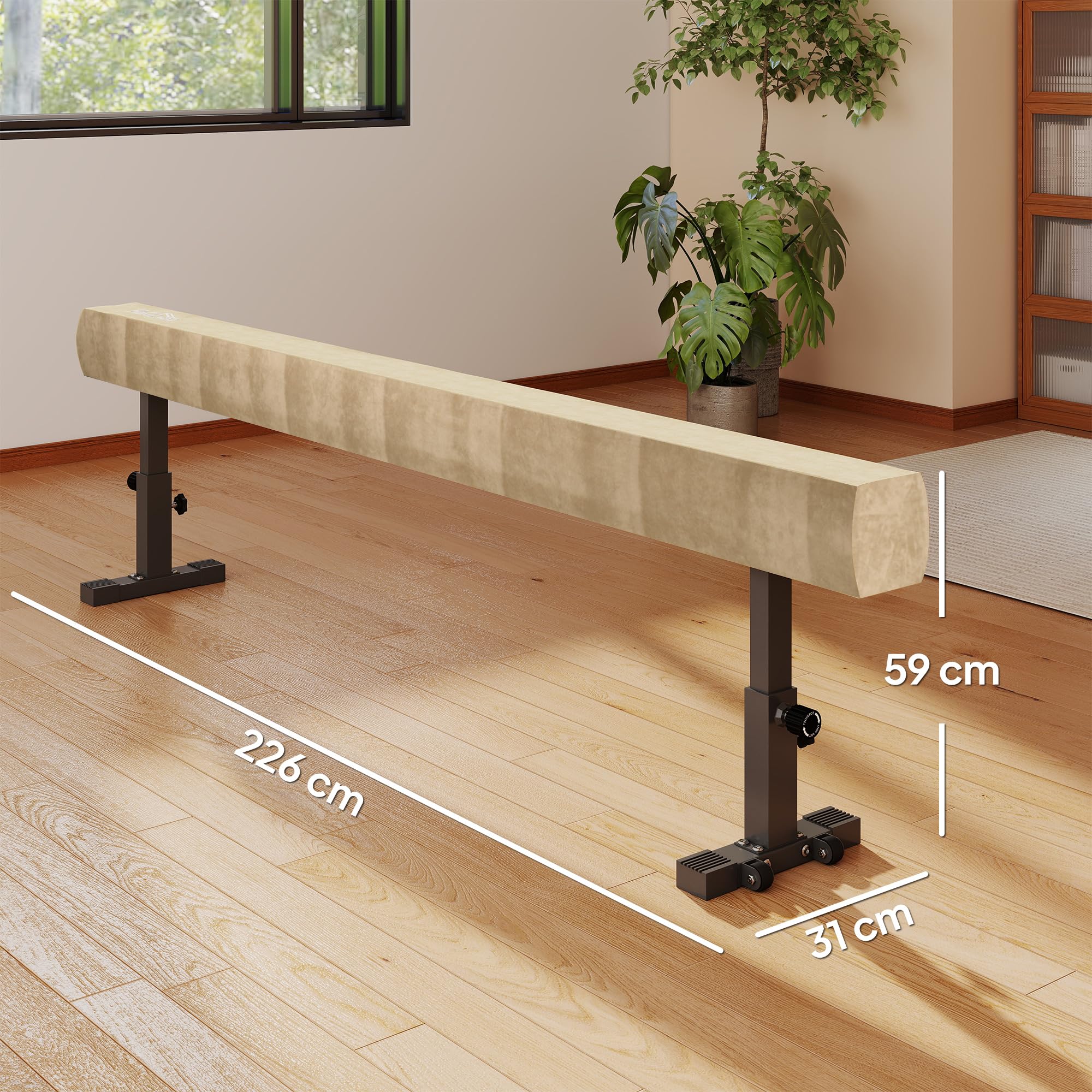 HOMCOM Poutre de Gymnastique 226 cm Antidérapant, Hauteurs Réglables, Poutre d'Équilibre avec roulettes, en Acier et Bois Massif, pour Entraînement à l'Équilibre, Marron