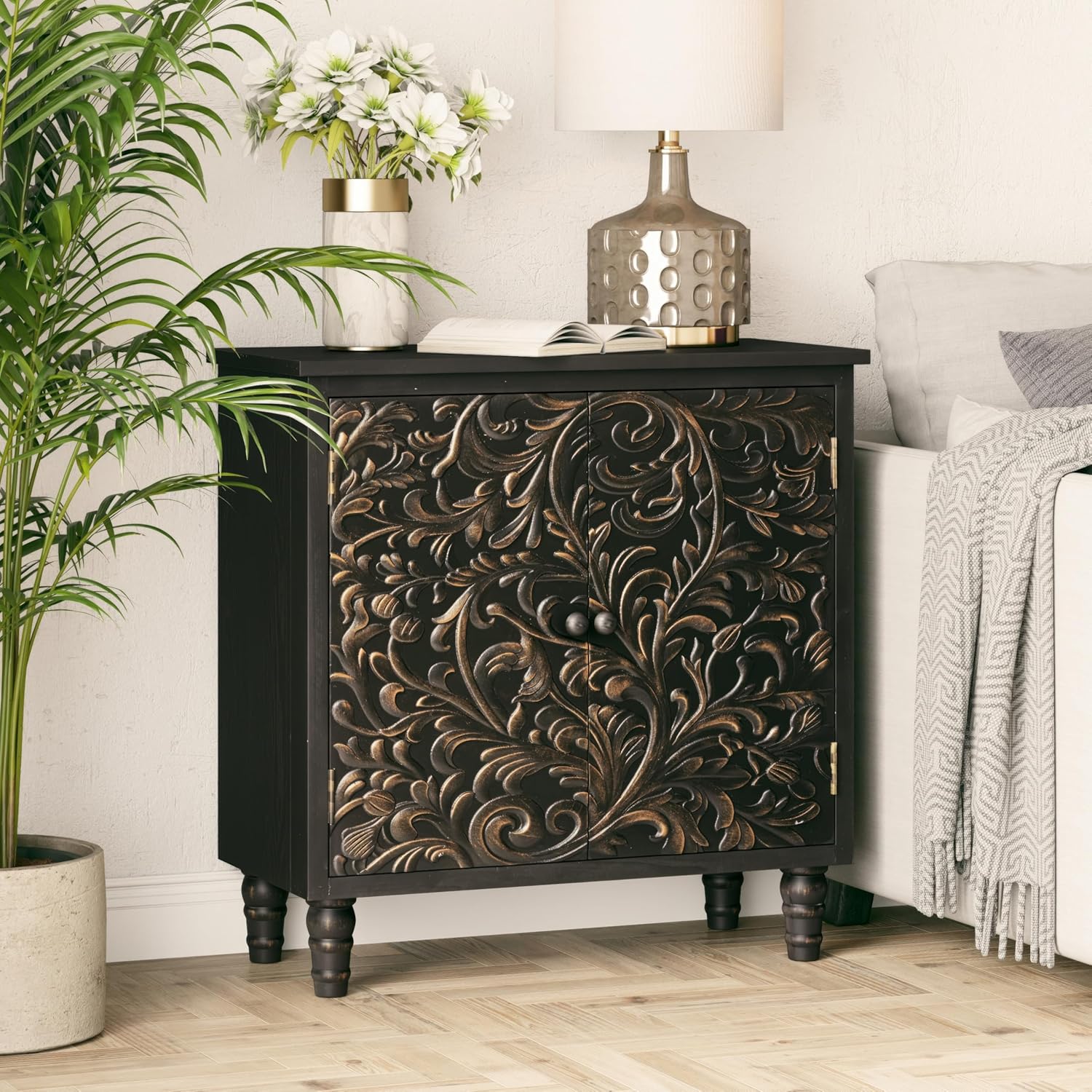 LONYKE 2 Door Farmhouse Storage Cabinet with Embossed Distressed Flower Motif, Vintage Side Table for Living Room, Bedroom, Boho, Black