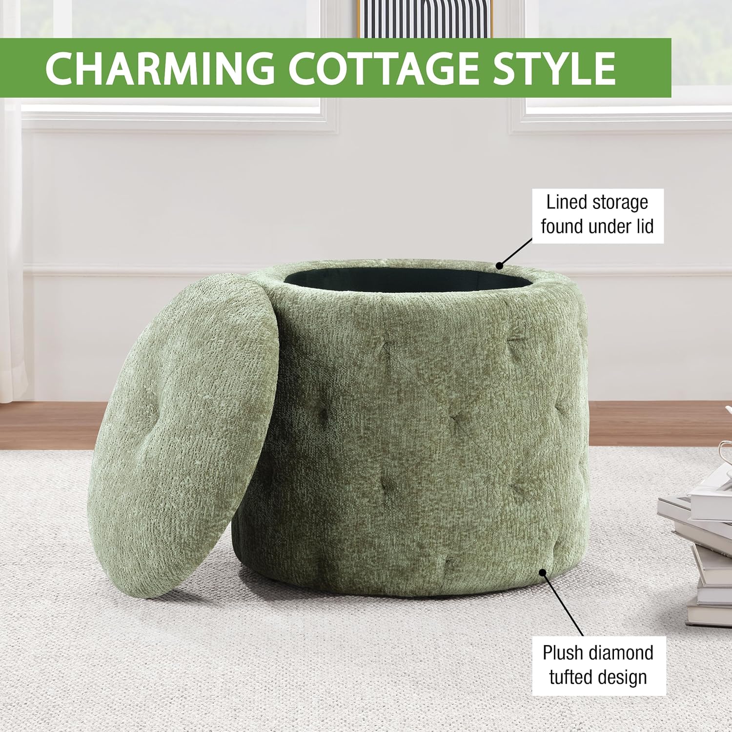 OSP Home Furnishings Erindale Round Storage Ottoman, 18.75 Inch Diamond Tufted, Plush Lined Interior, Spring Green