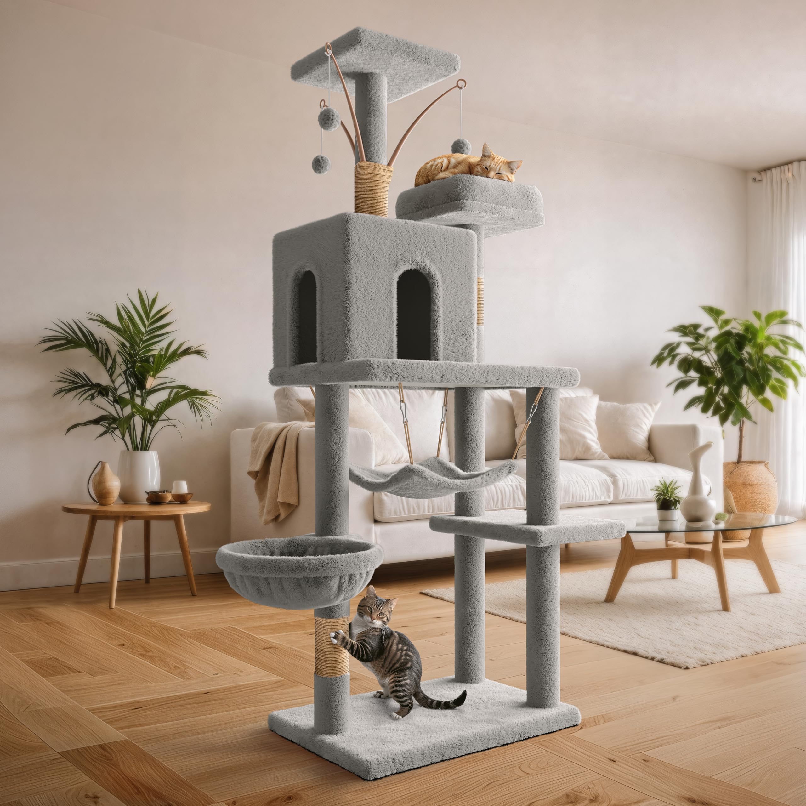 JUPPLIES Árbol Rascador para Gatos 143 cm – Torre de Juegos y Descanso con 5 Plataformas, 3 Nidos, 1 Cueva y Hamaca – Poste de Sisal y Base Estable 60×40 cm – Ideal para Hogares (Gris)