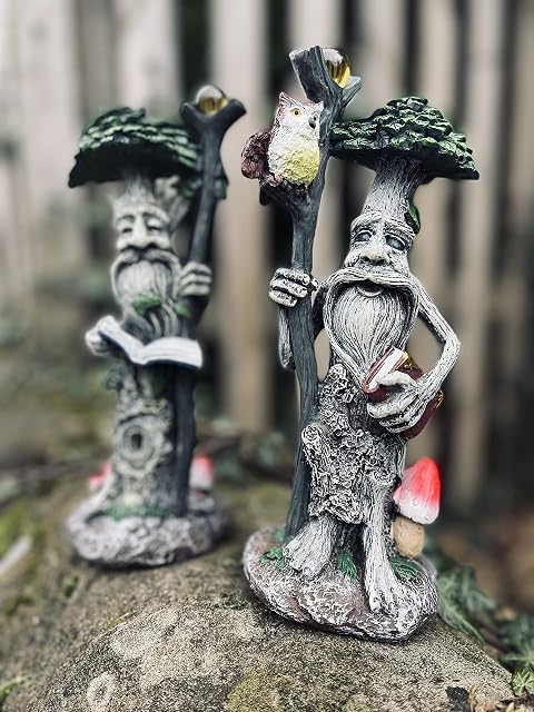 garden mile 22cm Waterproof Resin Garden Ornaments Outdoor Tree Man Statue with Traditional Stone Effect - Pair Fairy Garden Figurines with Gnomes for Outdoor Garden Decor - Set of 2