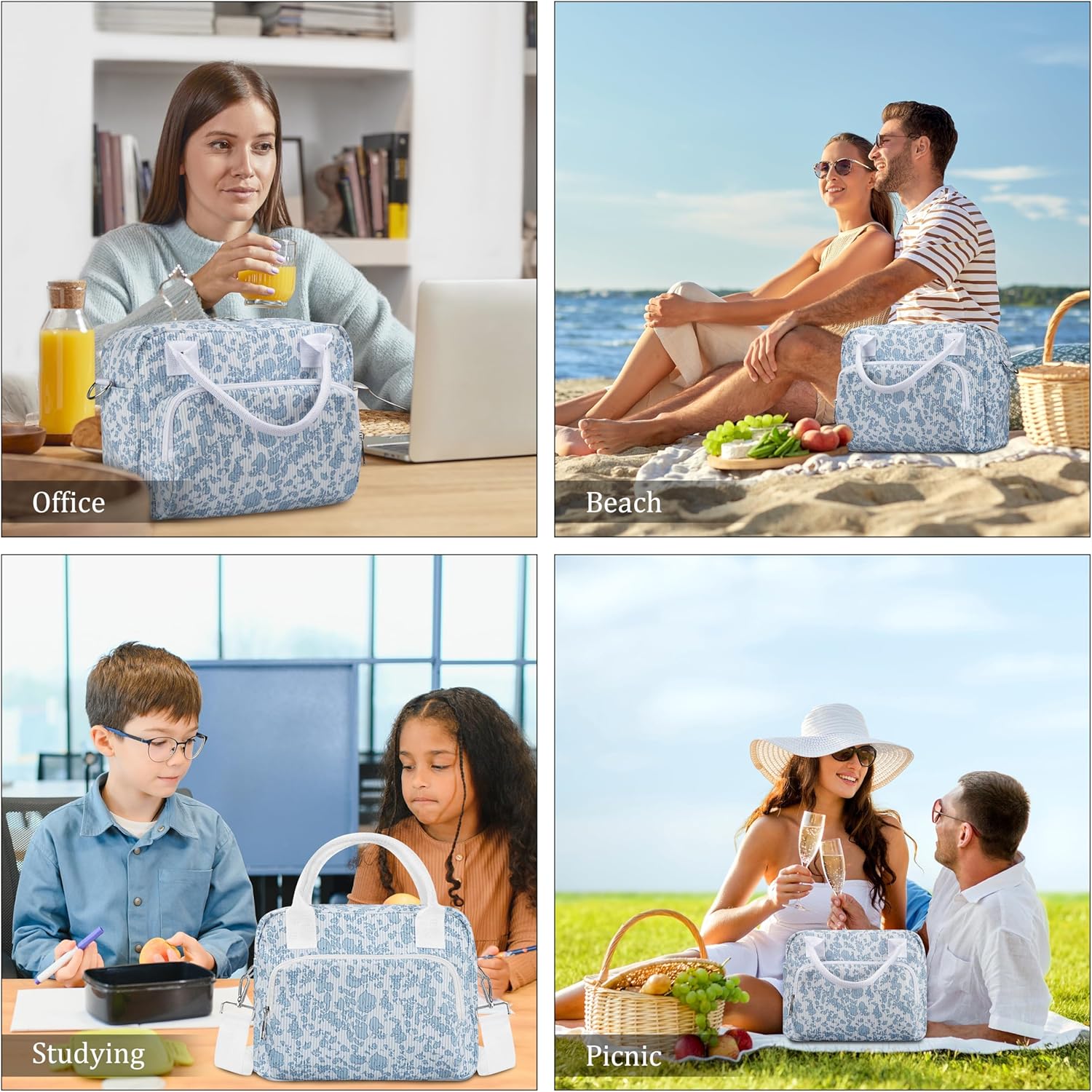 Lunch Box for Women Insulated Lunch Bag Cute Corduroy Lunch Tote Bags Lightweight Reusable Leakproof Cooler Bag with Adjustable Shoulder Strap for Work Office Travel Picnic (Blue Flower) - Image 6