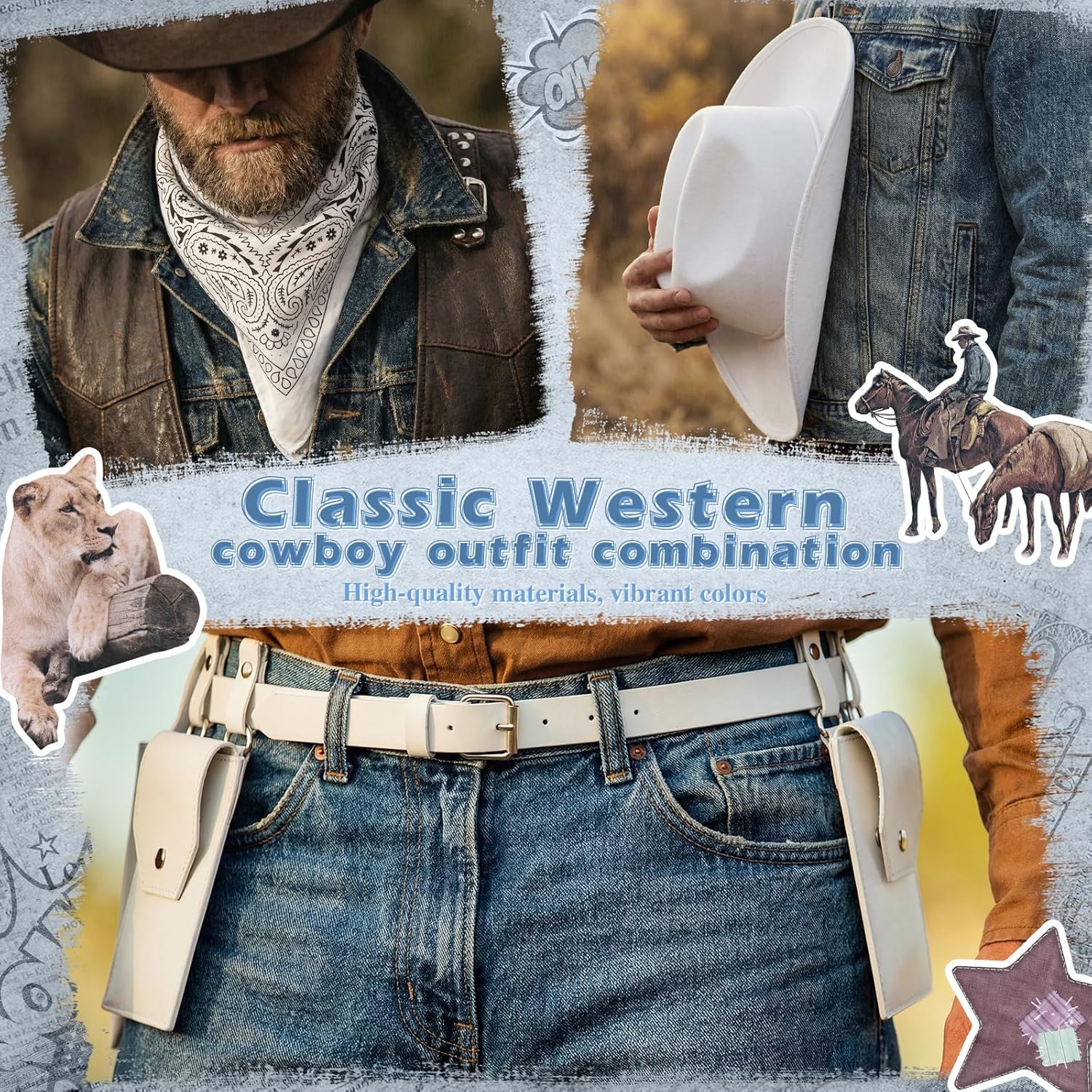 Adult Cowboy Costume Accessories Set Western Cowgirl Hat, Classic Bandana & Adjustable Holster Belt