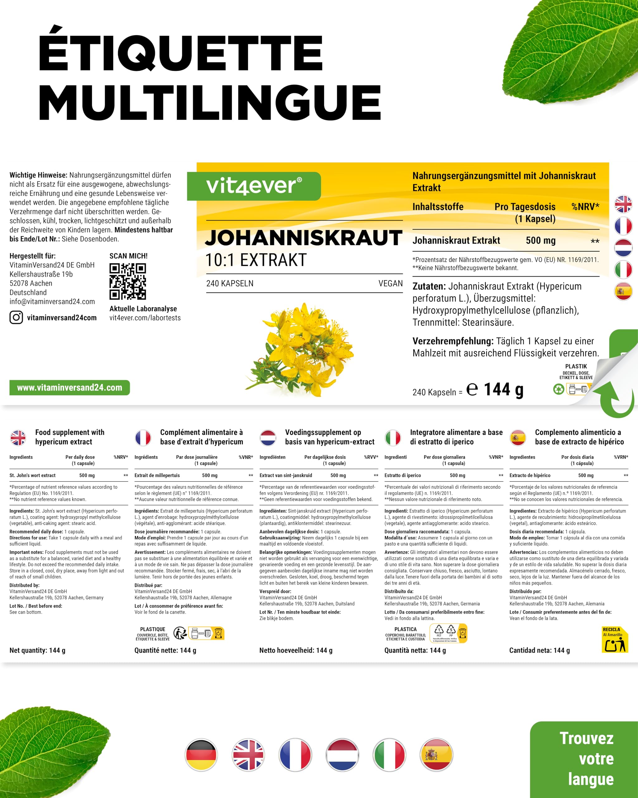 Millepertuis -240 capsules avec 500 mg d'Extrait fabriqué à partir de 5000 mg de Millepertuis pur - Extrait Naturel 10:1 - Hautement Dosé - Vegan