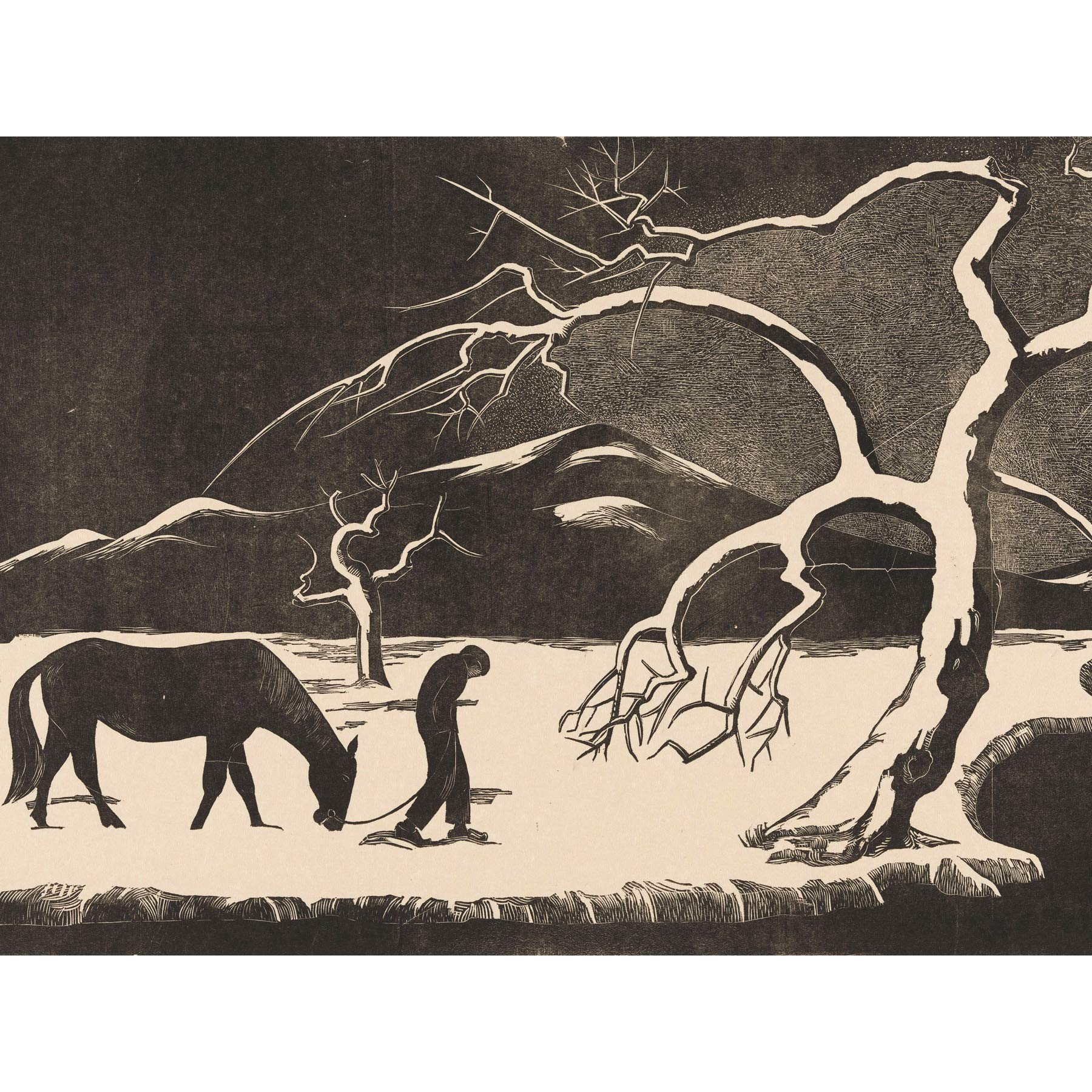 Bernard Essers Man With Horse Snow Bw Landscape Premium Wall Art Canvas Print 18X24 Inch