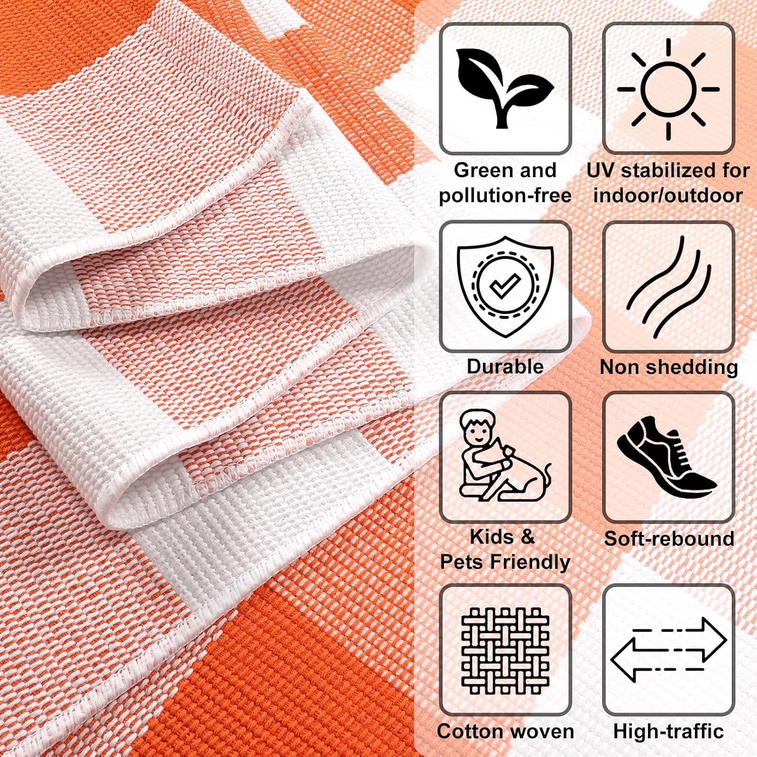 LEEVAN Halloween Rug Outdoor 3x5, Orange and White Buffalo Plaid Fall Front Porch Rug Decor, Washable Thanksgiving Checkered Layered Entryway Doormat for Farmhouse Kitchen Patio Bathroom Bedroom
