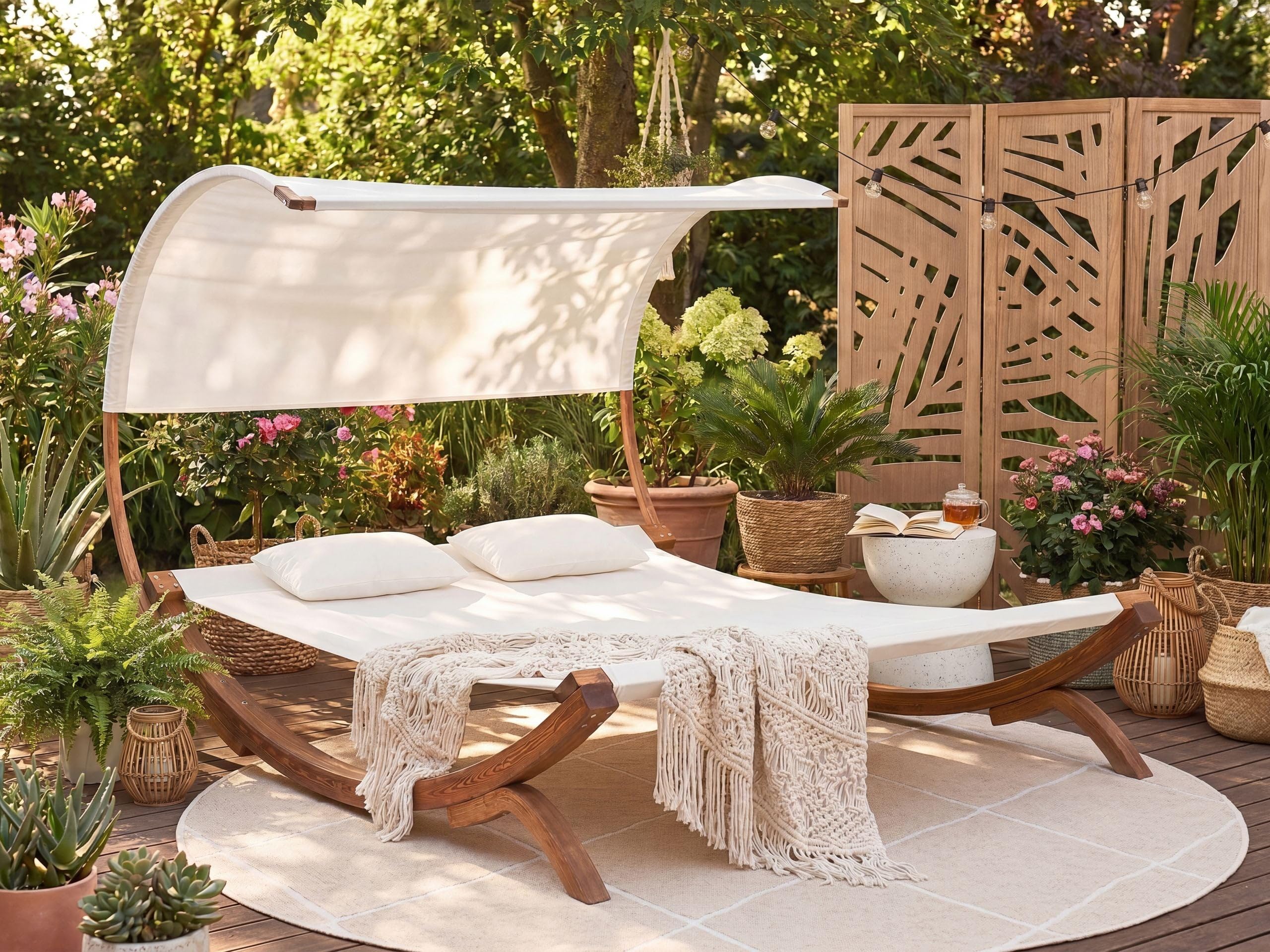Tumbona de jardín con asiento textil blanco con marco de madera asiento doble con doble Teramo