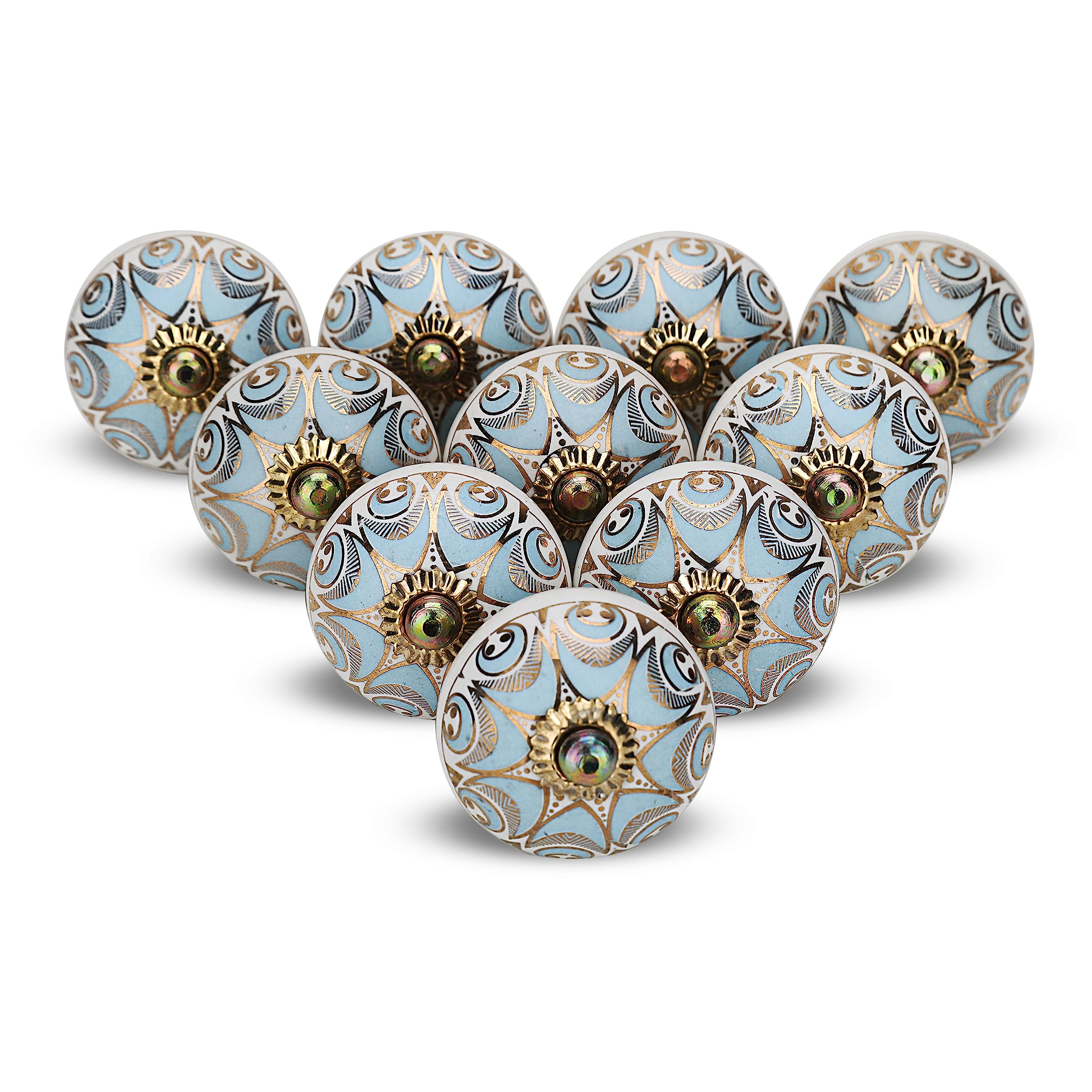 FURNISHFUL FINESSE Ceramic Assorted Golden Print Knobs for Door Drawer Cabinet Cupboard Dresser Kitchen Furniture Hardware Wardrobe Pull Handle for Home Decor Pack of 10, Turquoise